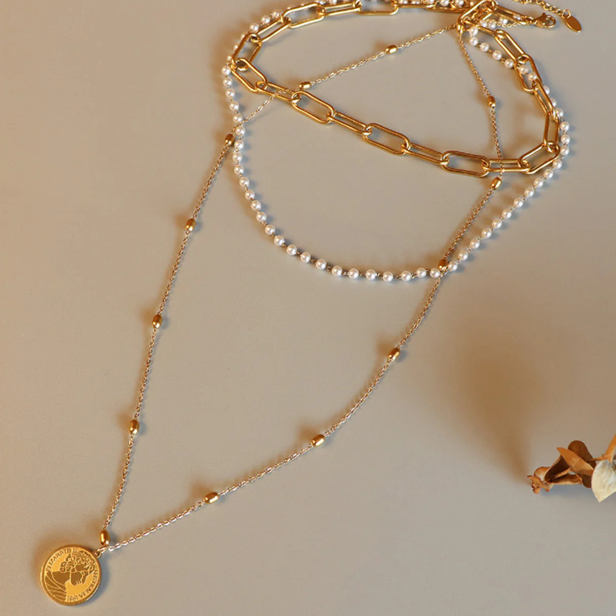 Synthetic Pearl Titanium Steel Three-Layered Necklace - Image 4