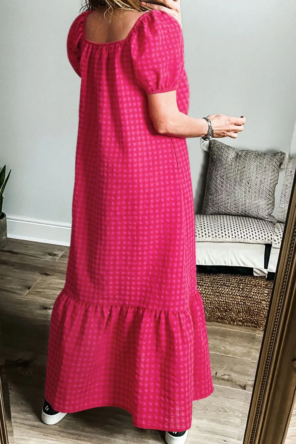 SYNZ Gingham Check Bubble Sleeve Ruffled Maxi Dress - Image 2