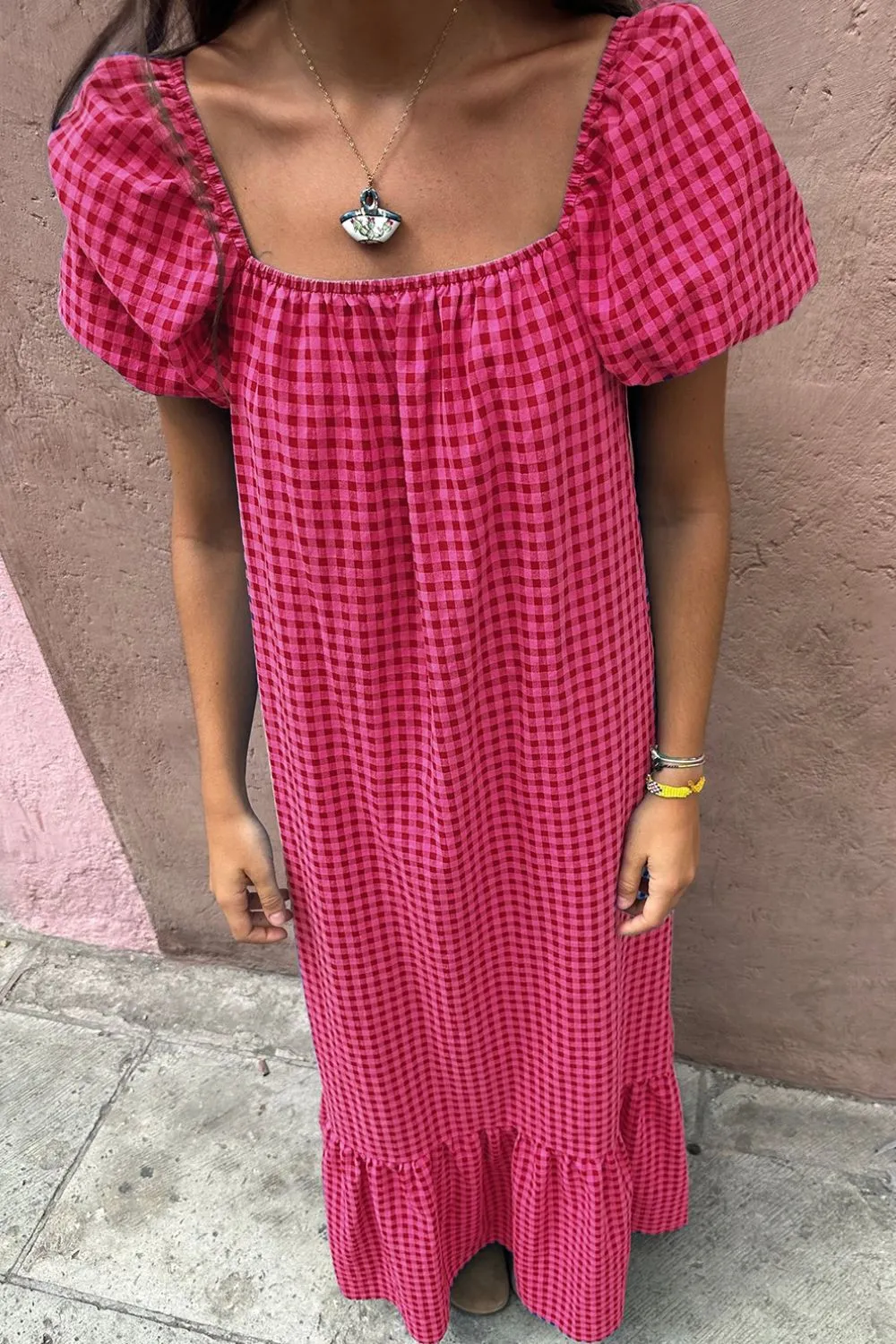 SYNZ Gingham Check Bubble Sleeve Ruffled Maxi Dress - Image 3
