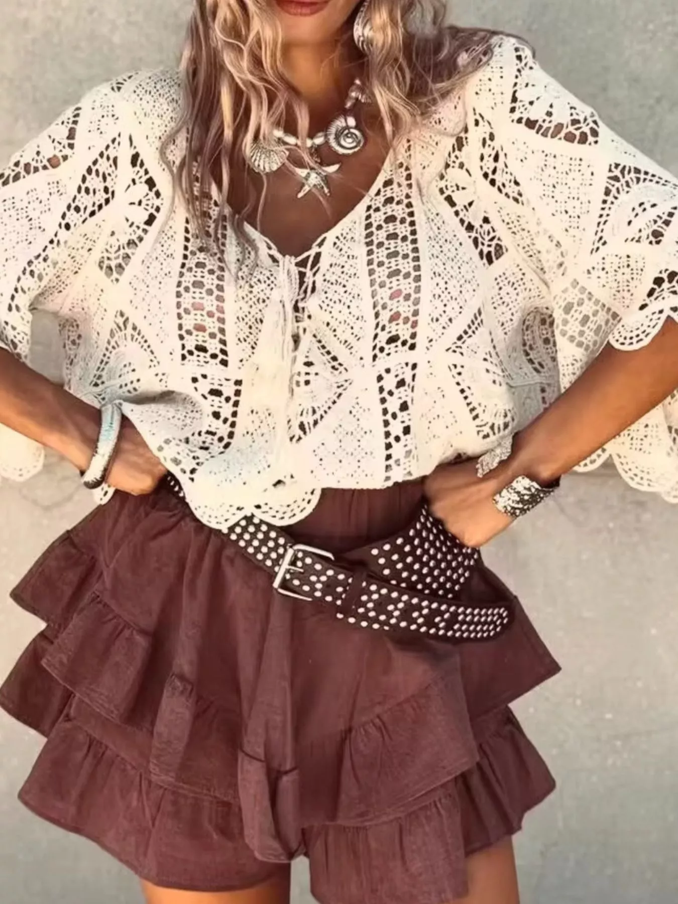 Tassel V-Neck Crochet Knit Top - Image 2