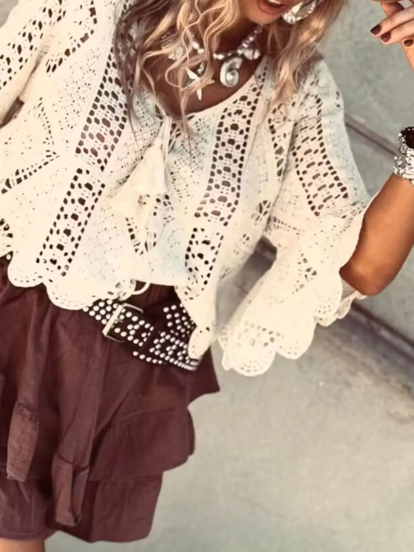 Tassel V-Neck Crochet Knit Top - Image 3