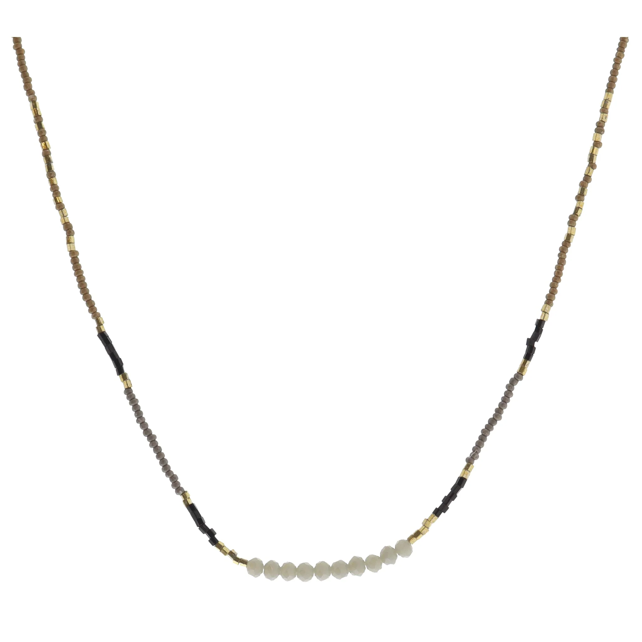 Taupe, Gold, Grey, Black Beaded with Grey Faceted Beaded Portion Necklace