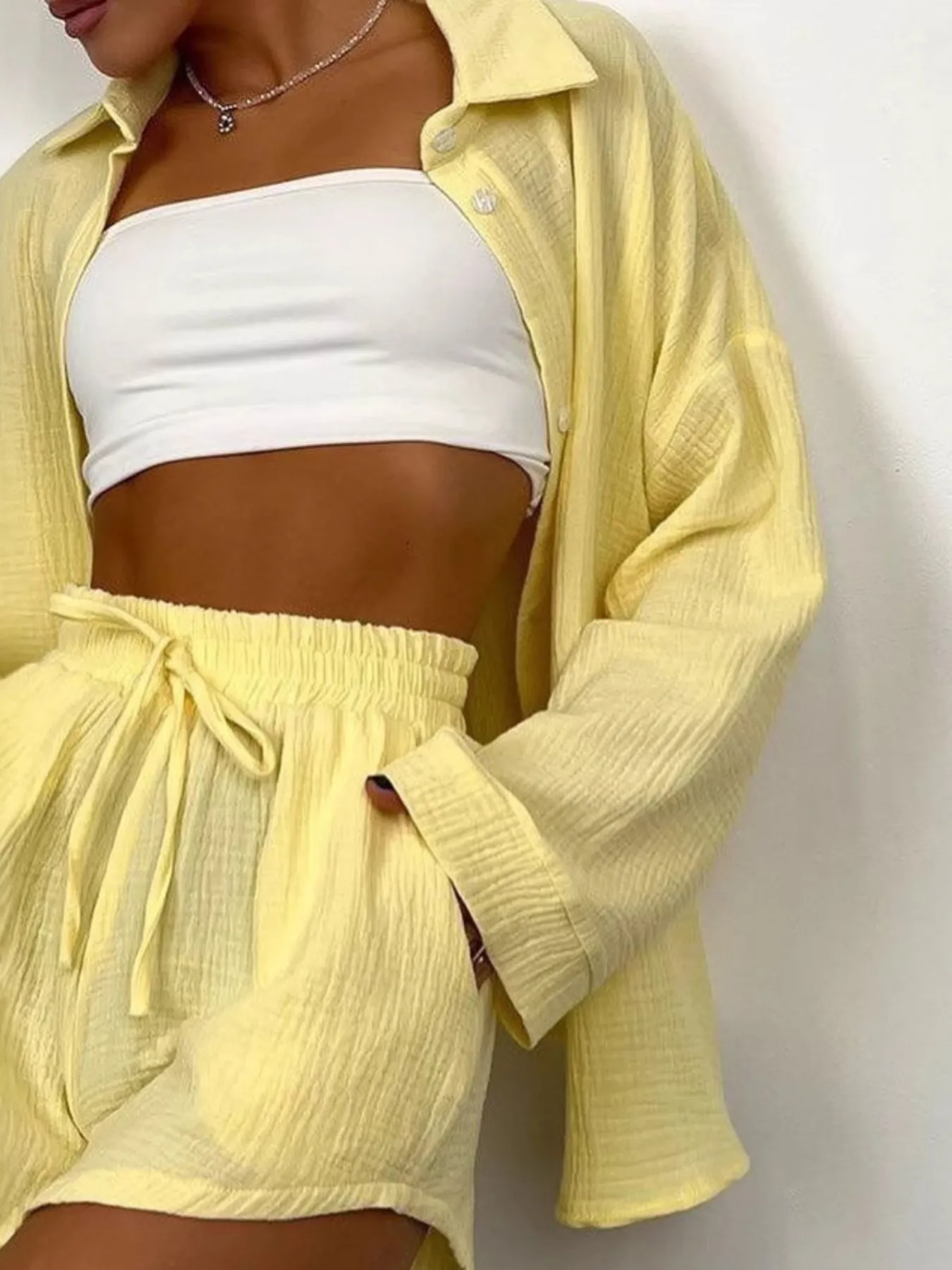 Texture Button Up Shirt and Shorts Set - Image 7