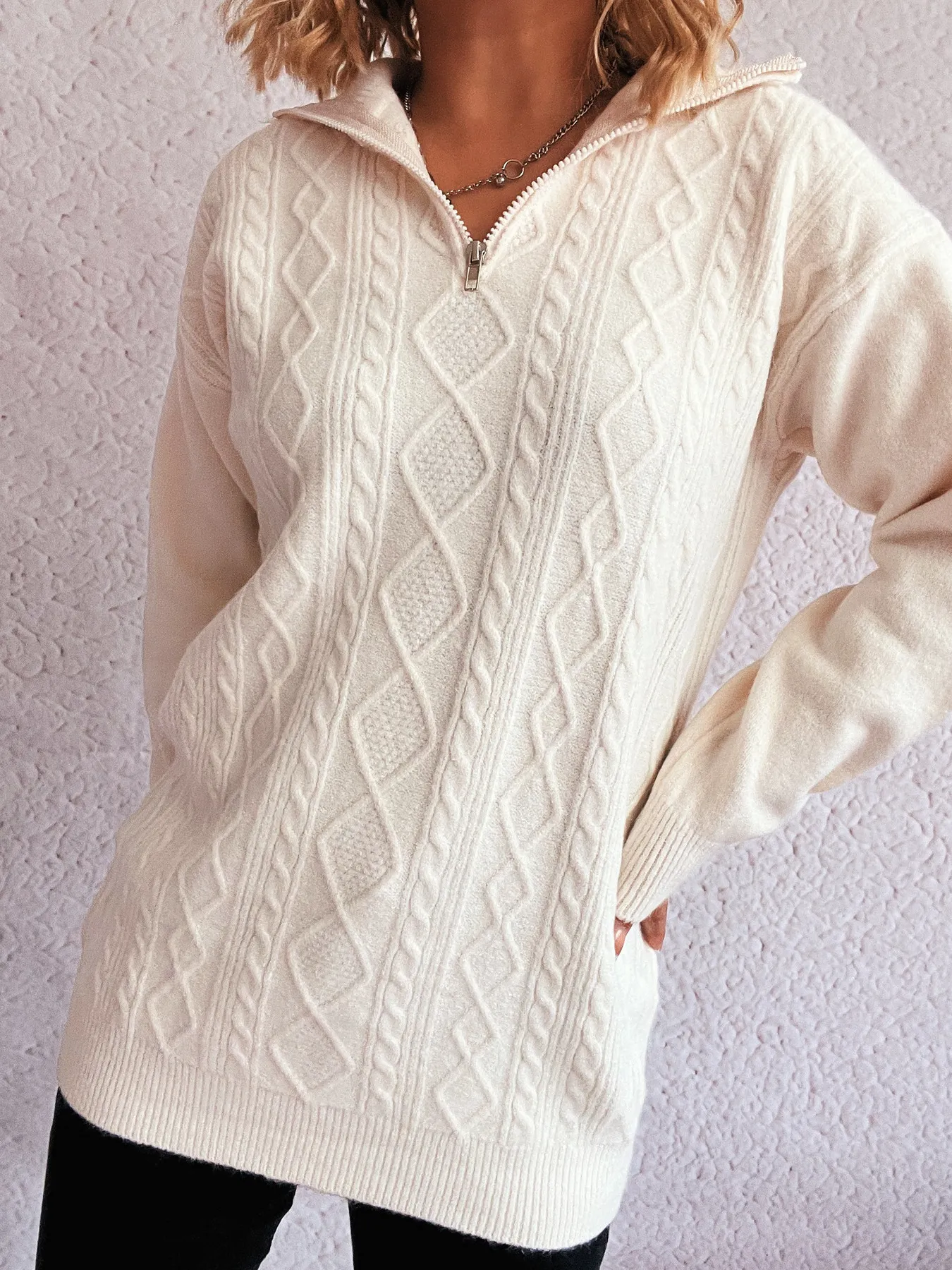Texture Zip Collar Long Sleeve Sweater - Image 17