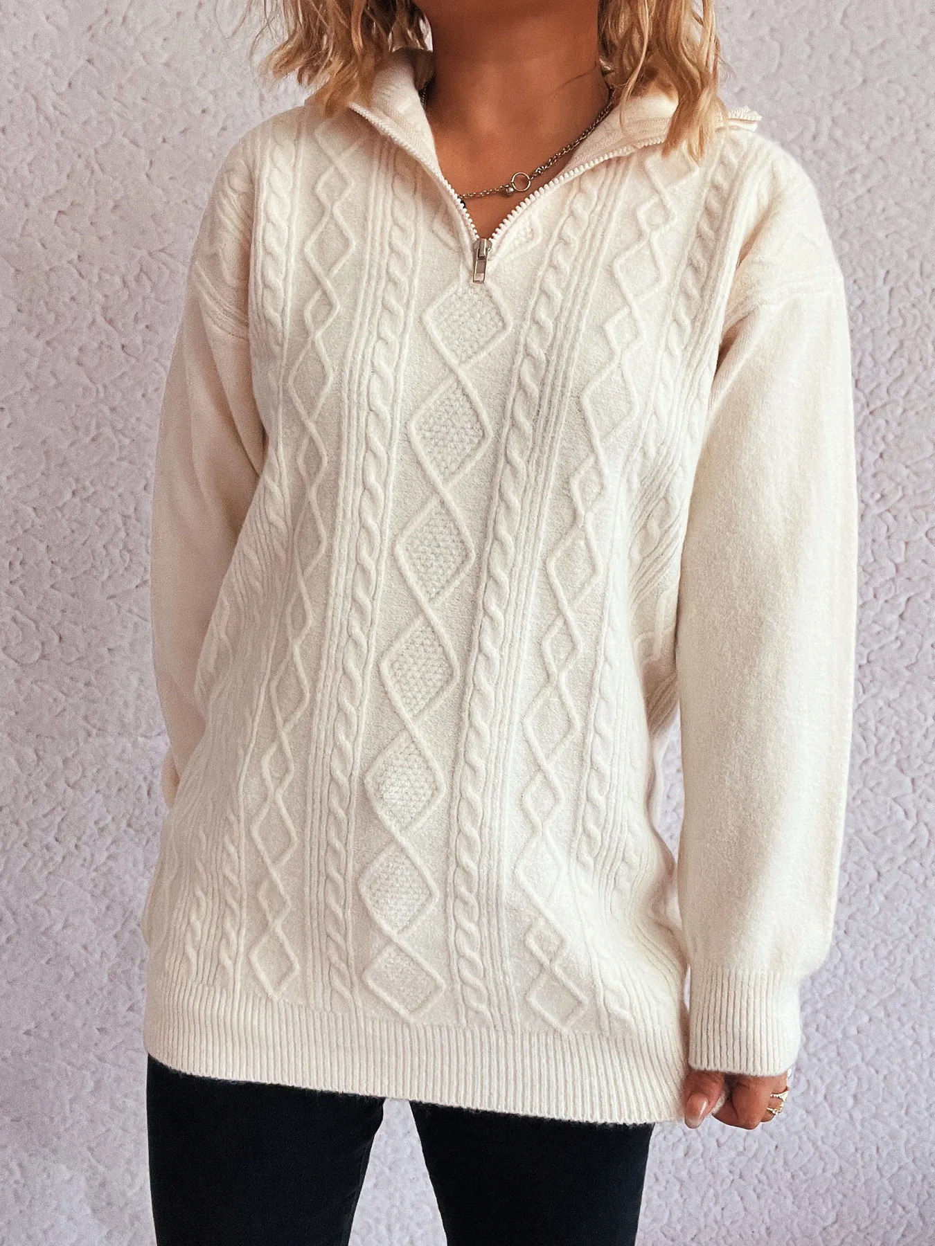 Texture Zip Collar Long Sleeve Sweater - Image 19