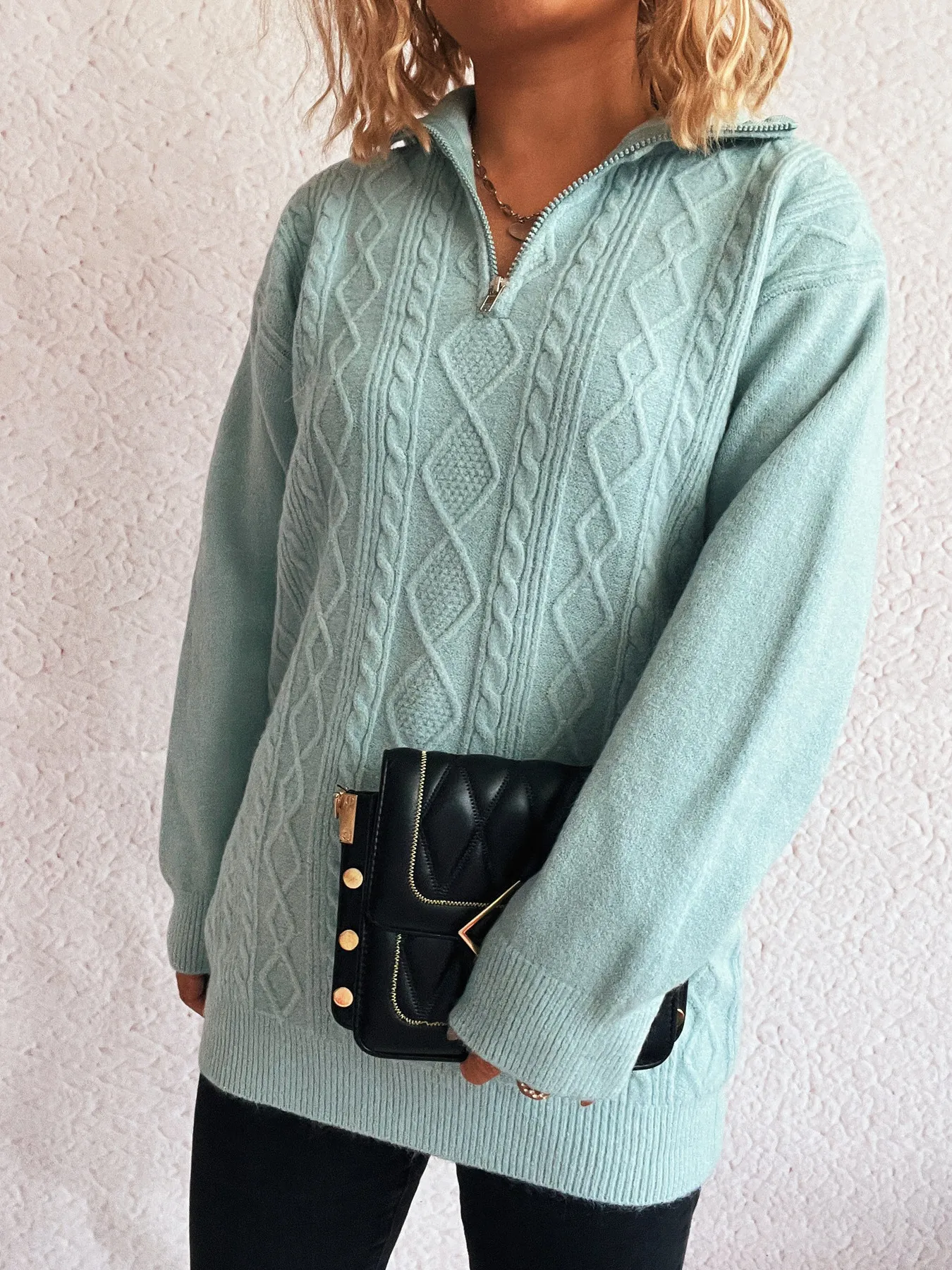 Texture Zip Collar Long Sleeve Sweater - Image 3