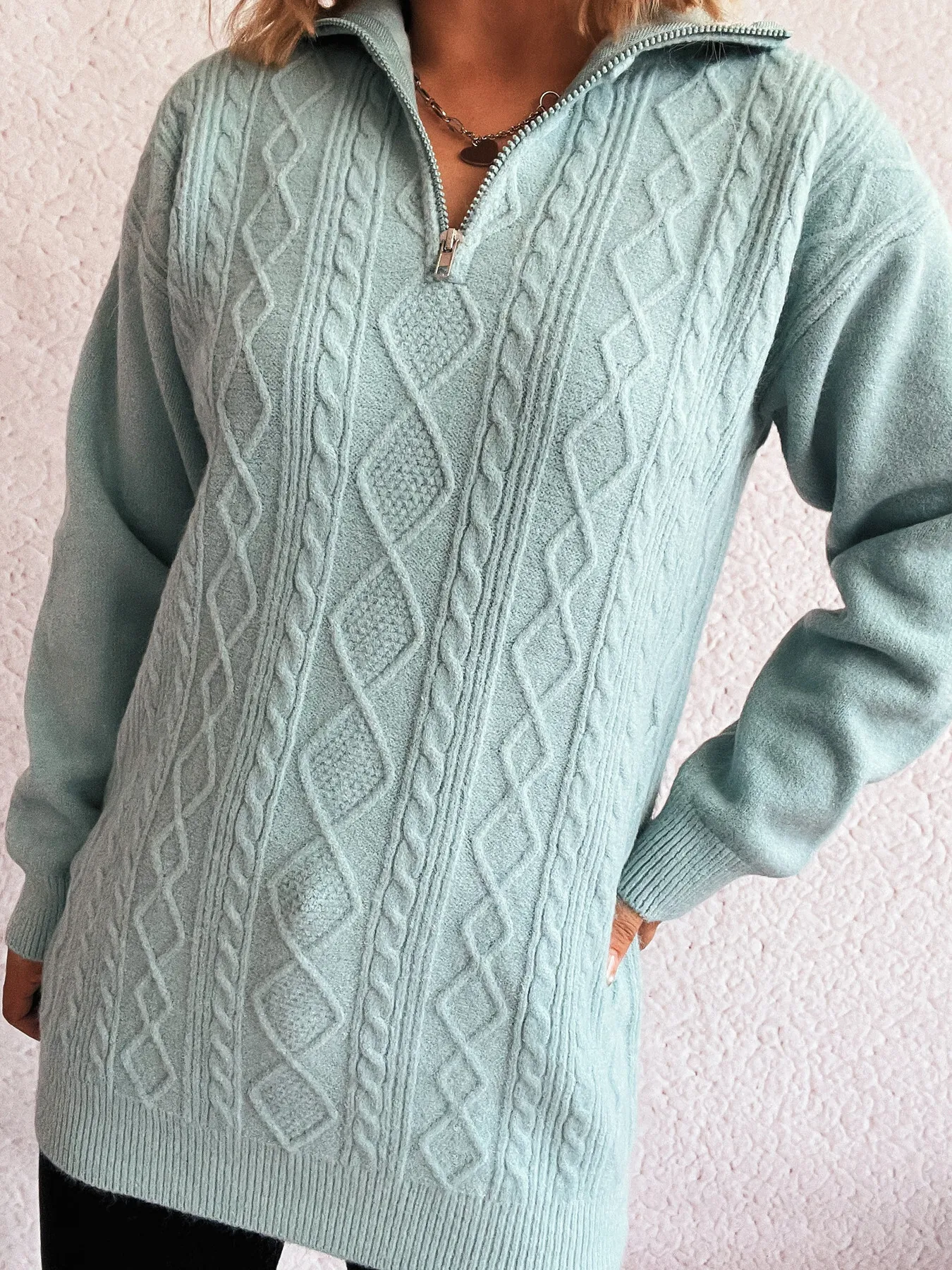 Texture Zip Collar Long Sleeve Sweater - Image 4