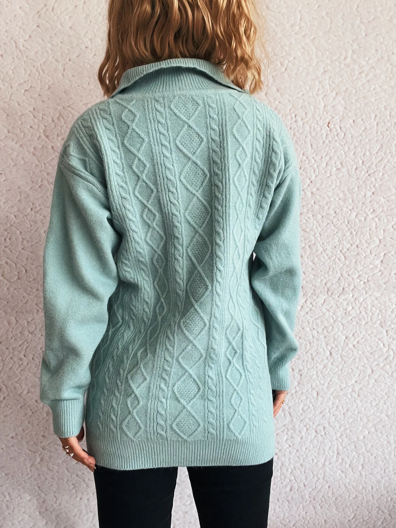 Texture Zip Collar Long Sleeve Sweater - Image 7