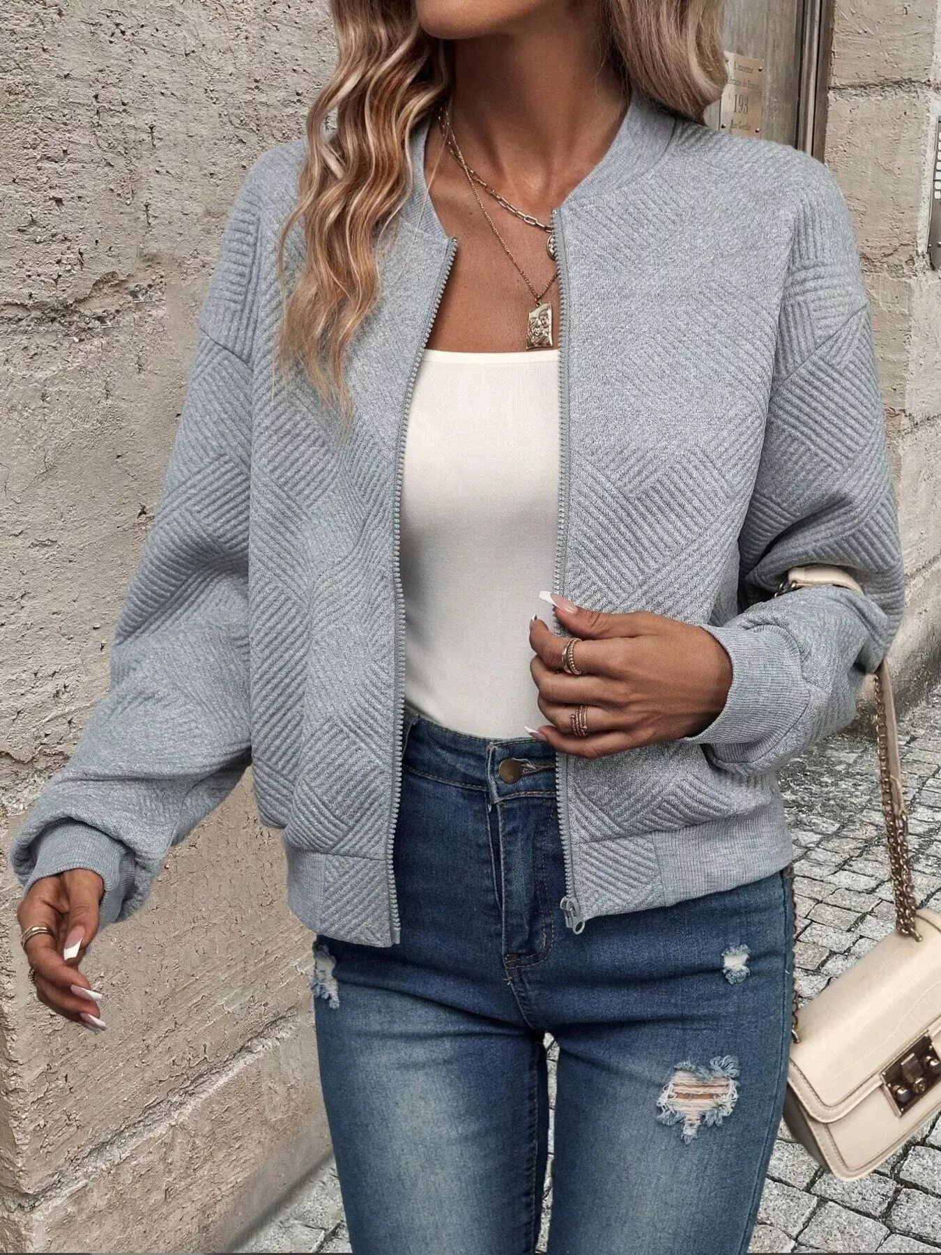 Texture Zip-Up Bomber Jacket - Image 4