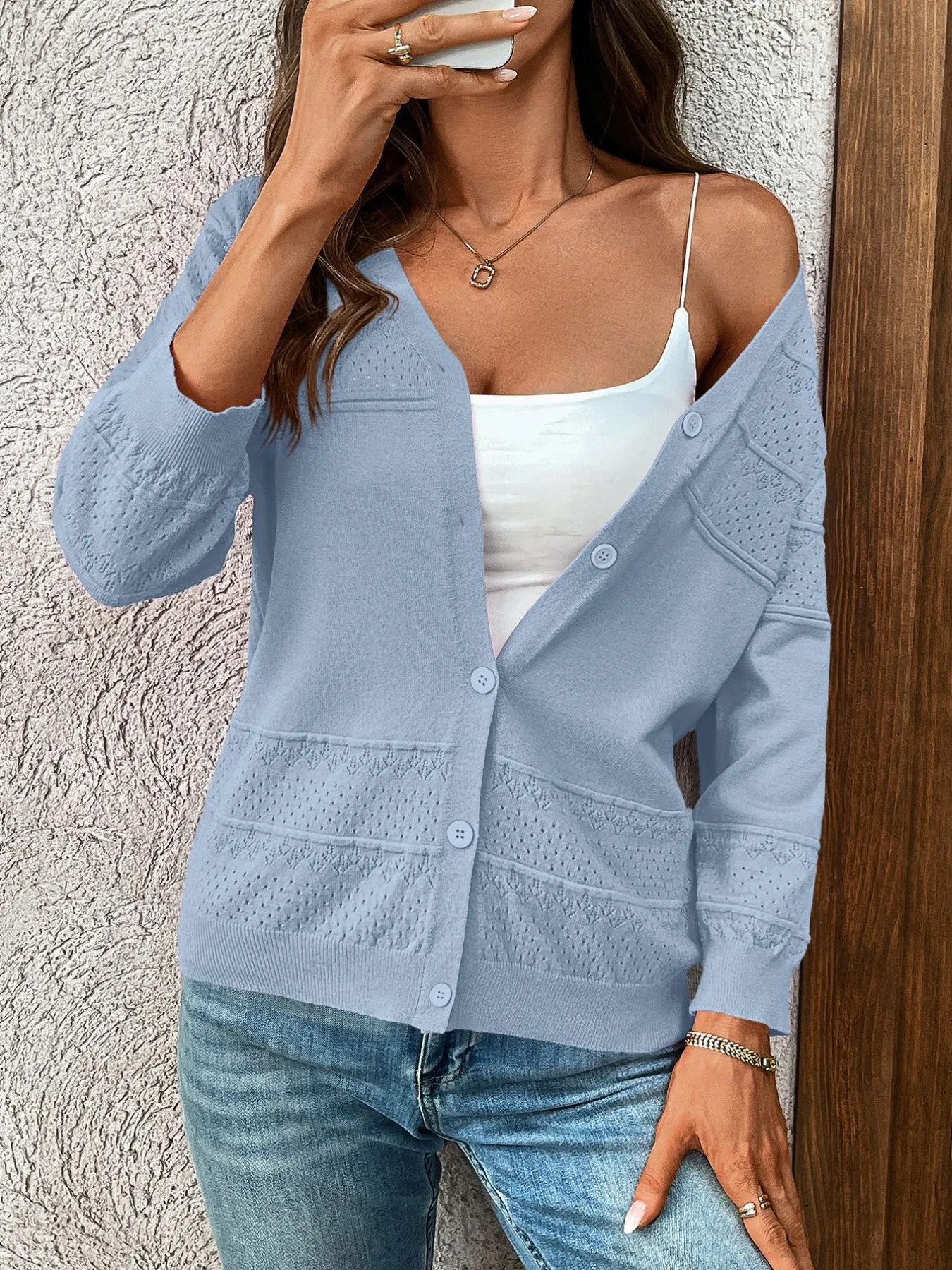 Textured Button-Front Cardigan with 3/4 Sleeves - Image 15