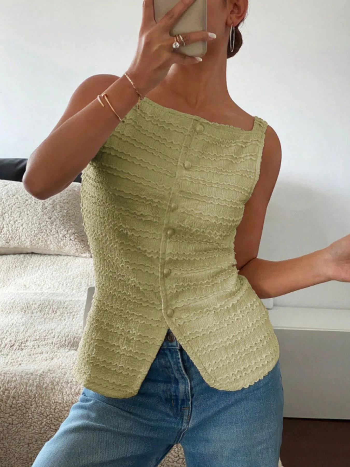Textured Button-Front Tank - Image 5