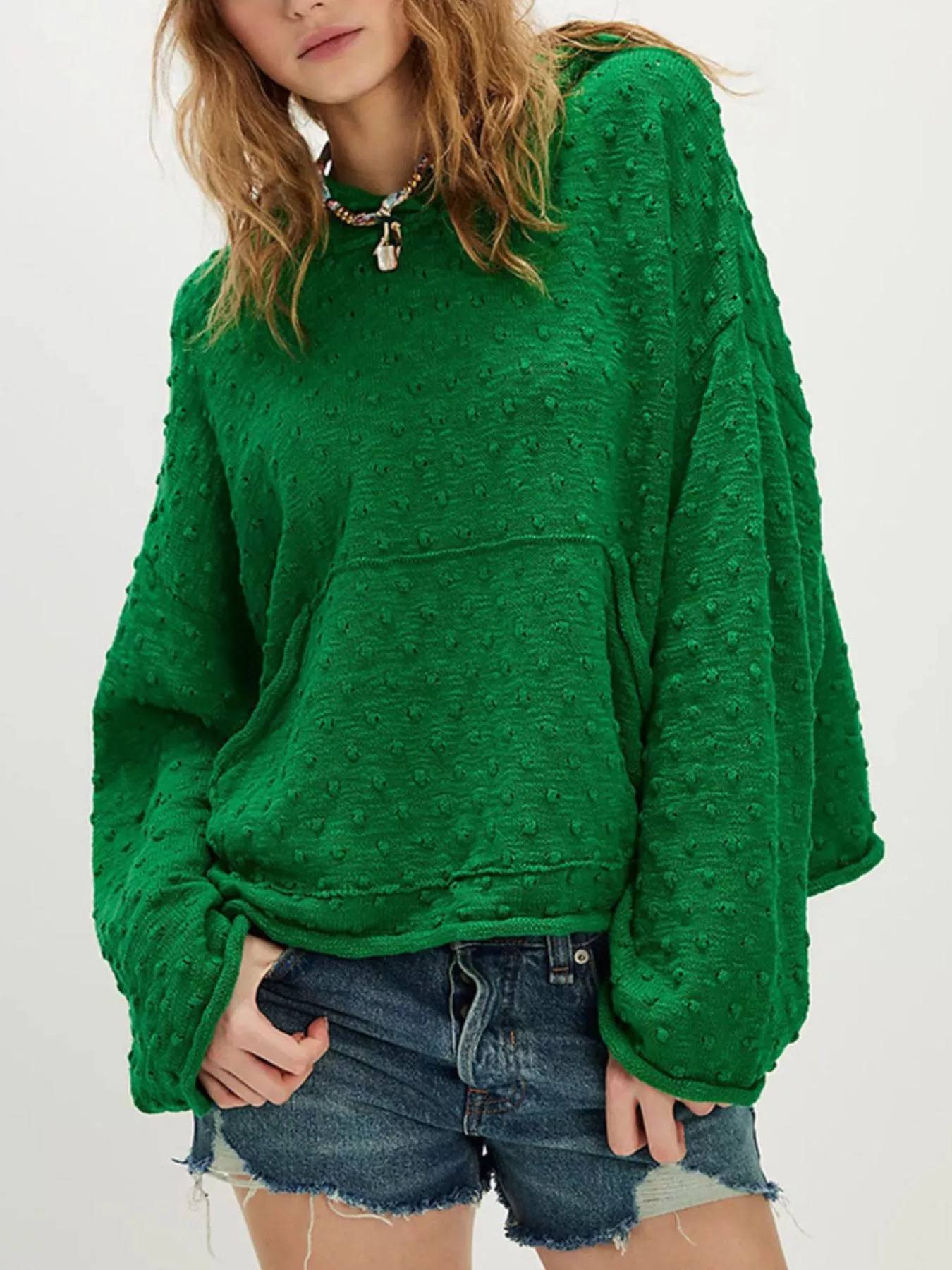 Textured Dot Knit Long Sleeve Hooded Sweater - Image 9