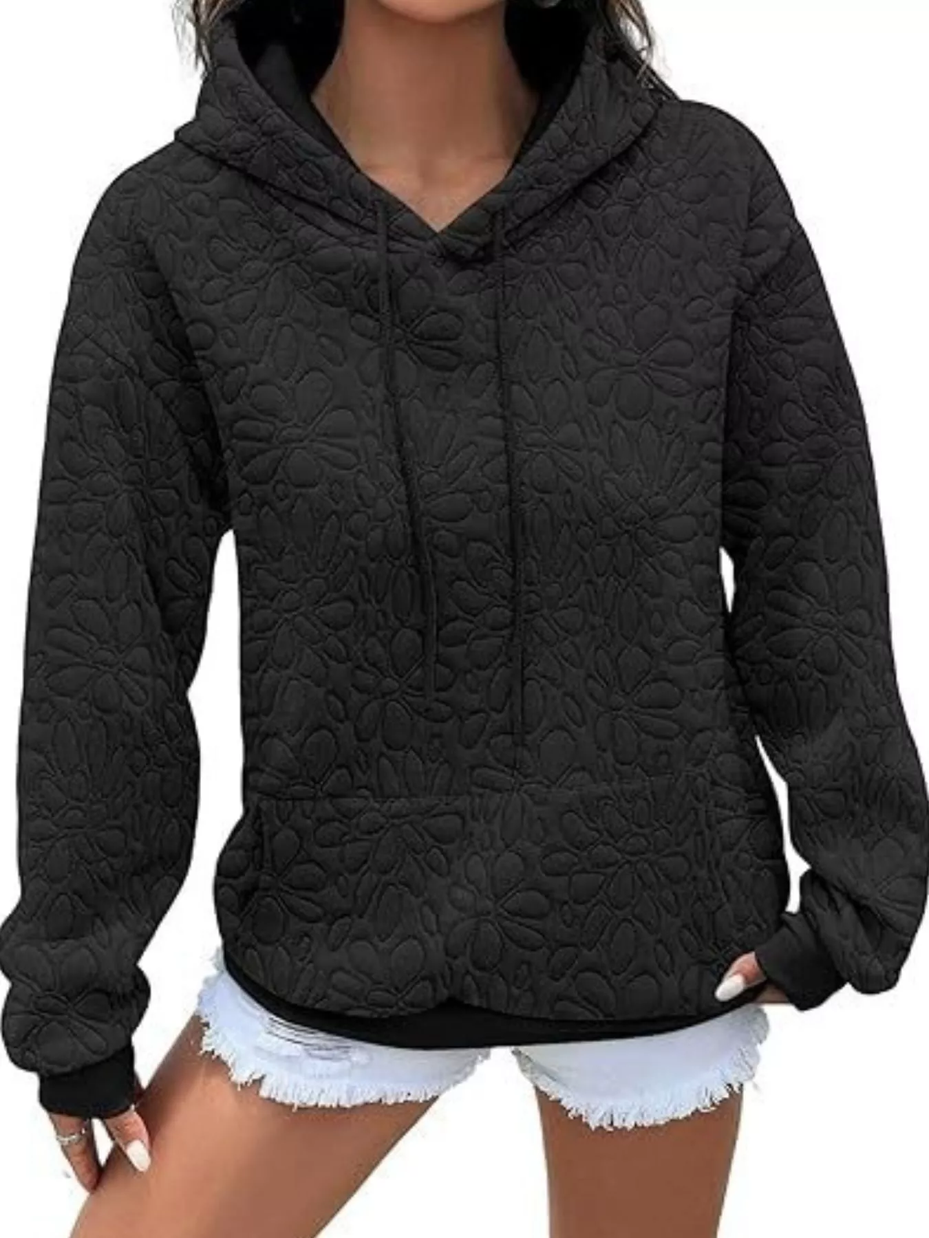 Textured Floral Quilted Hoodie - Image 4