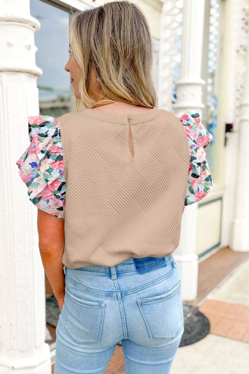 Textured Floral Ruffle Sleeve Blouse - Image 2