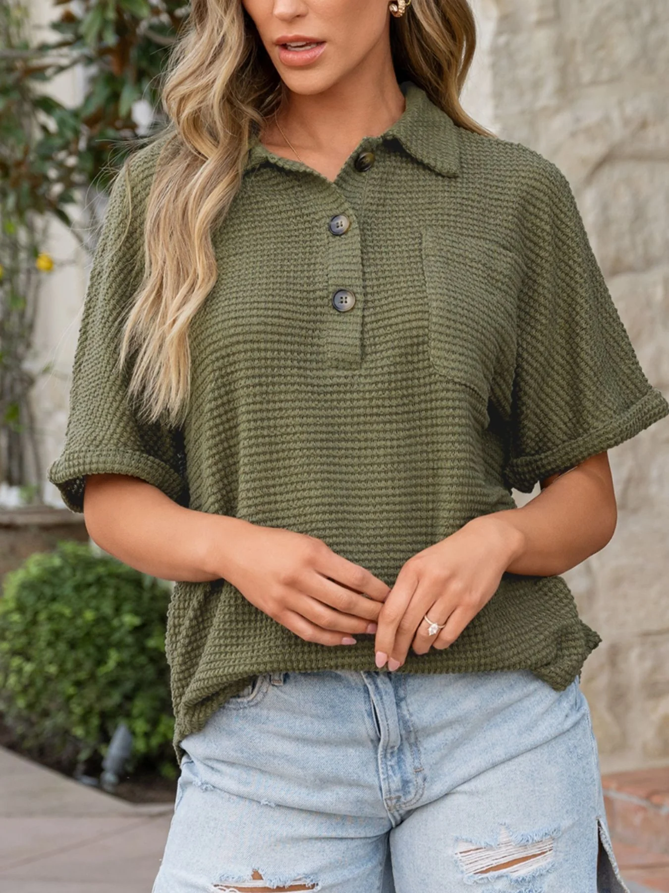 Textured Knit Button Detail Top - Image 6