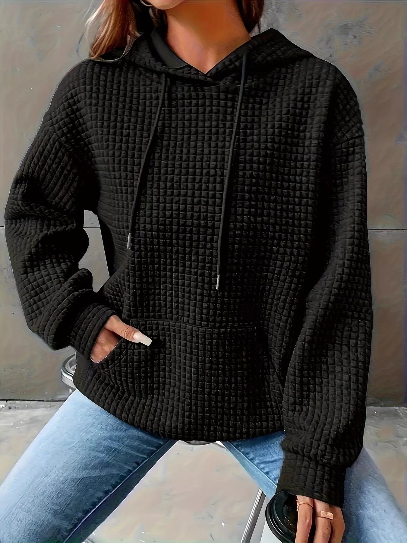 Textured Knit Drawstring Hoodie - Image 9