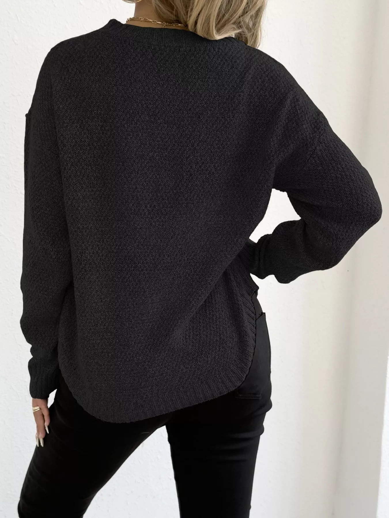 Textured Knit Relaxed Fit Round Neck Sweater - Image 10