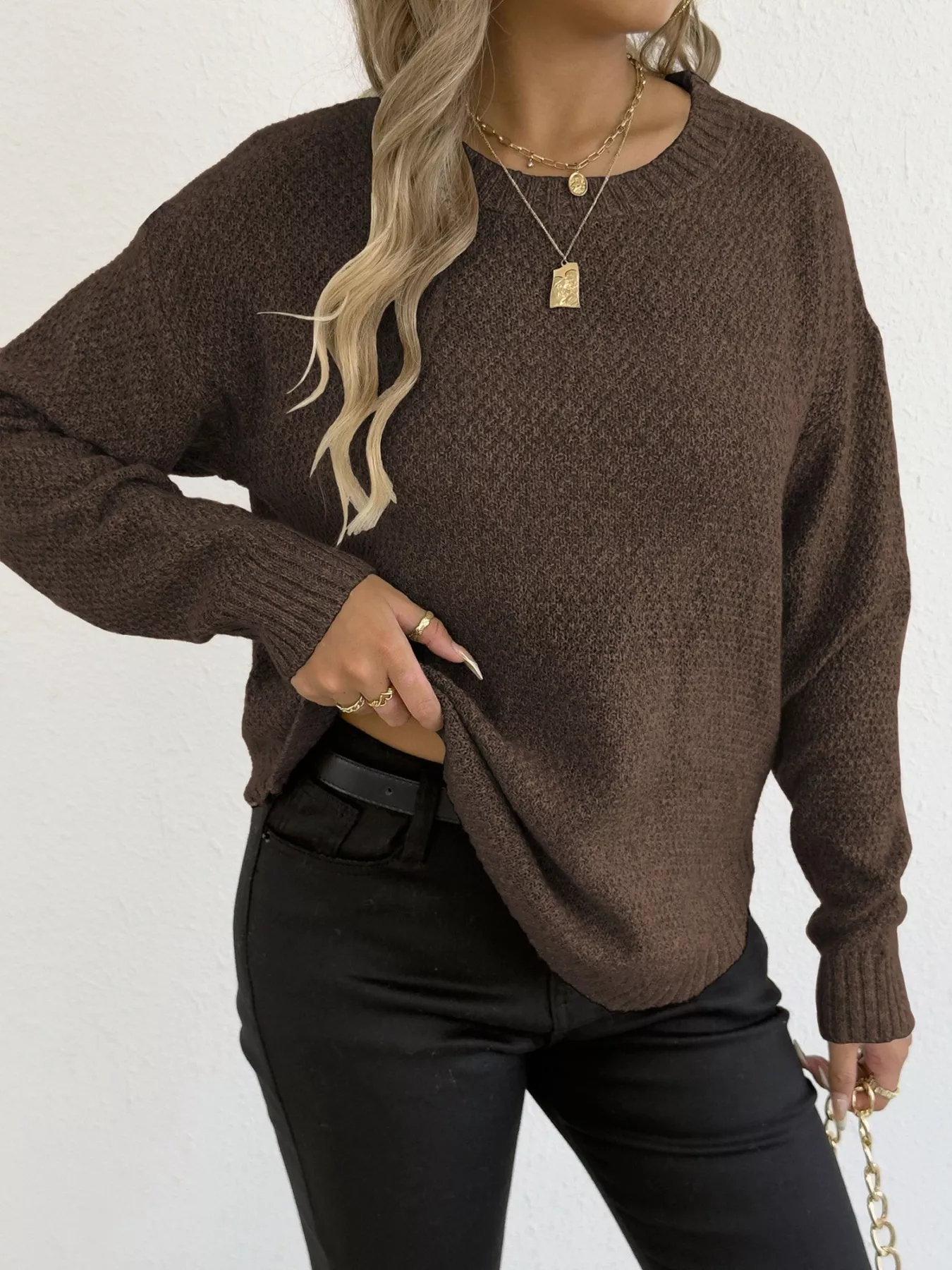Textured Knit Relaxed Fit Round Neck Sweater - Image 11