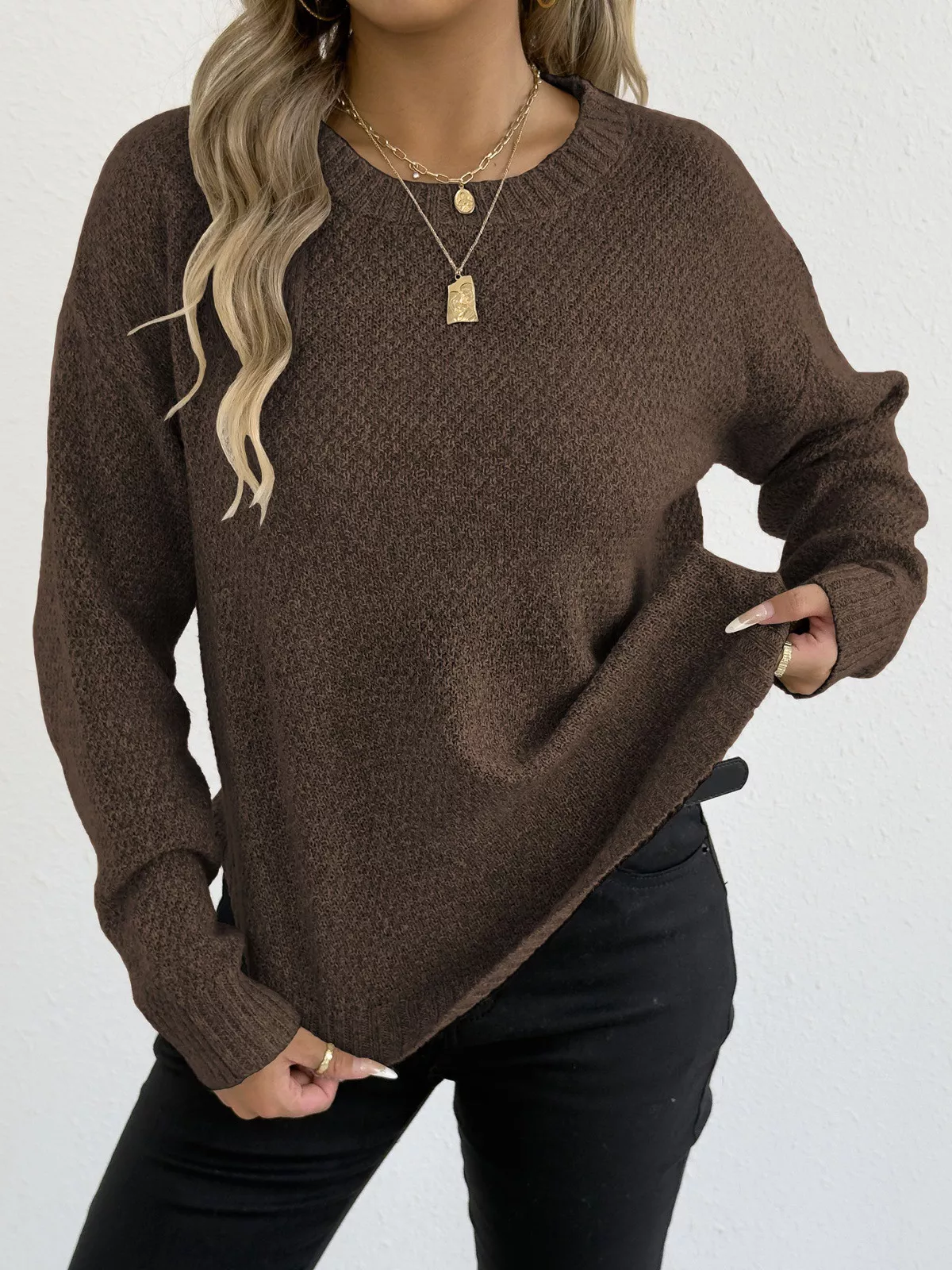 Textured Knit Relaxed Fit Round Neck Sweater - Image 12
