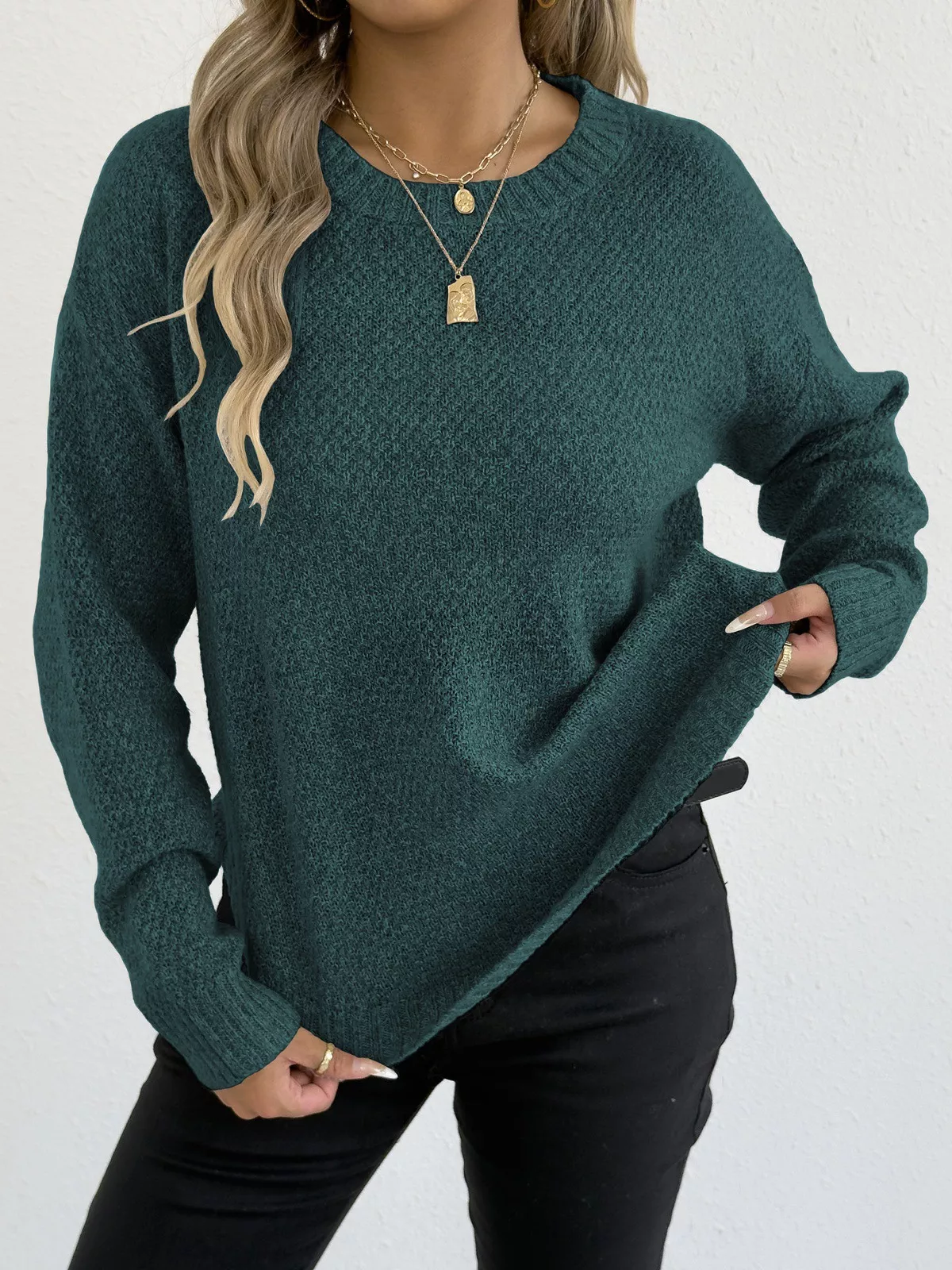 Textured Knit Relaxed Fit Round Neck Sweater - Image 16