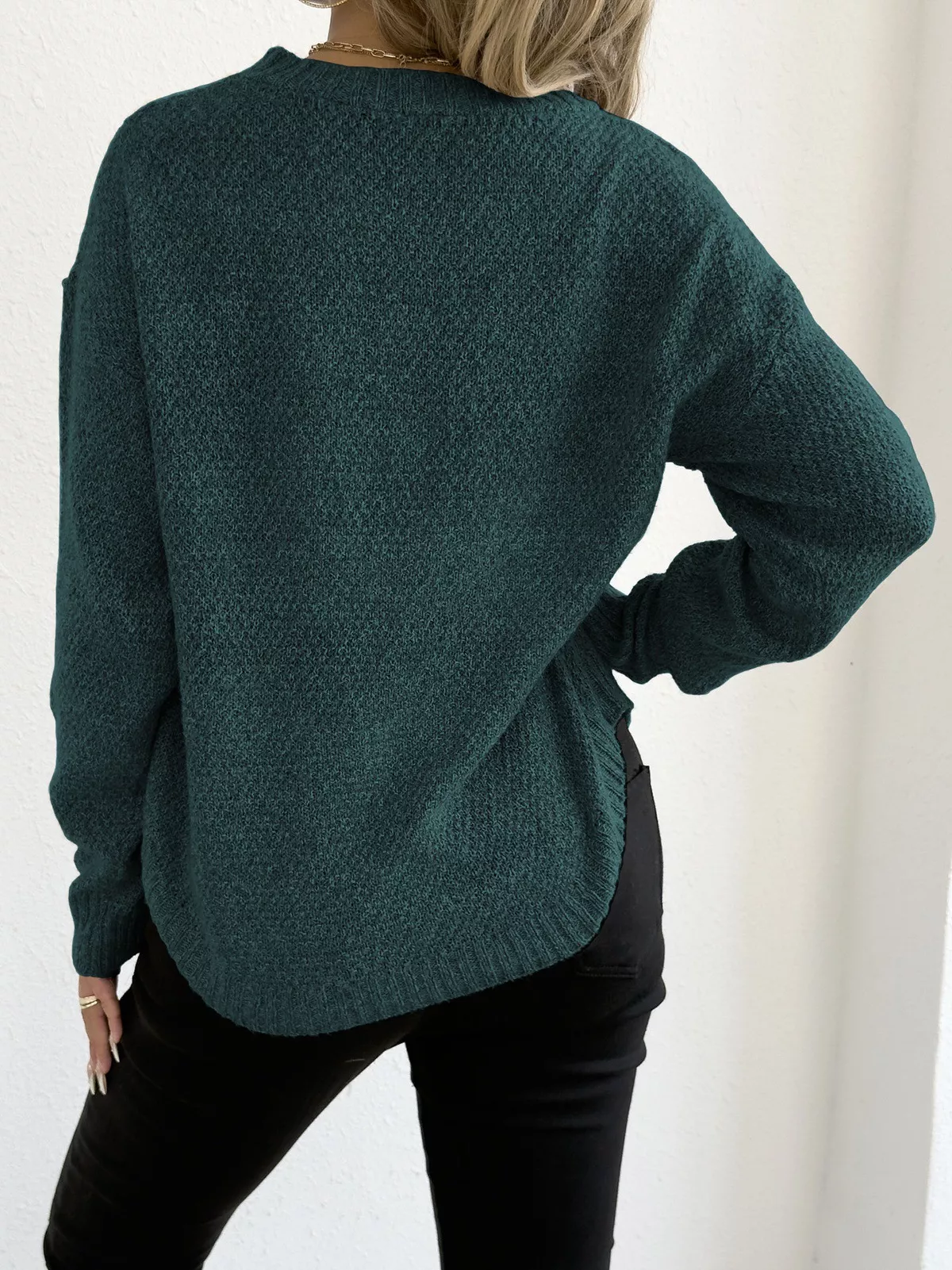 Textured Knit Relaxed Fit Round Neck Sweater - Image 20