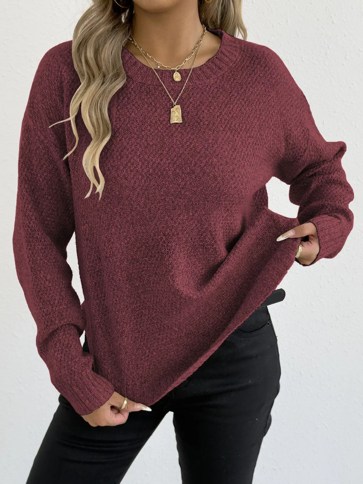 Textured Knit Relaxed Fit Round Neck Sweater - Image 23