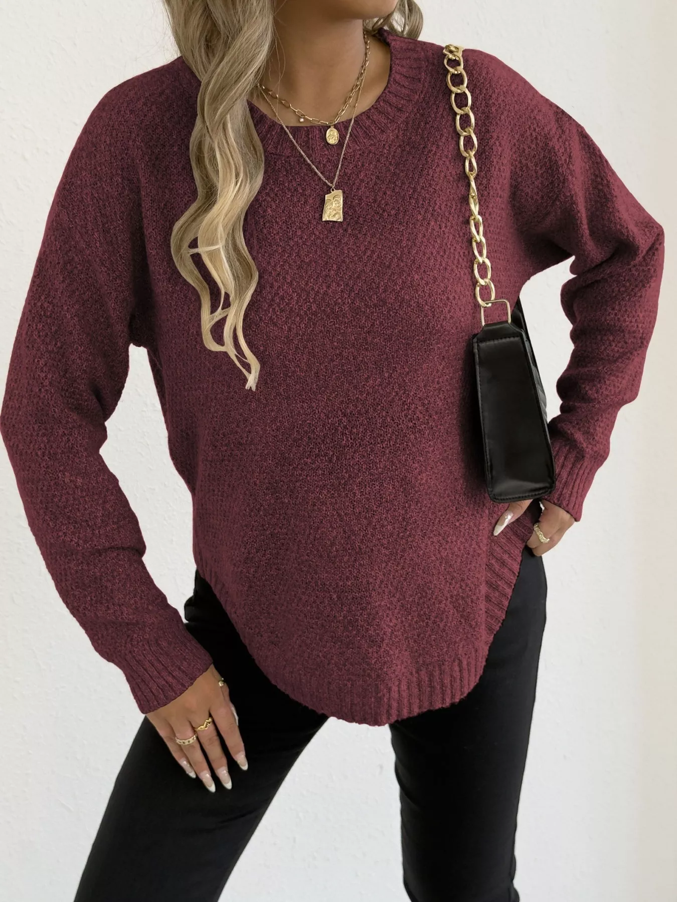 Textured Knit Relaxed Fit Round Neck Sweater - Image 24