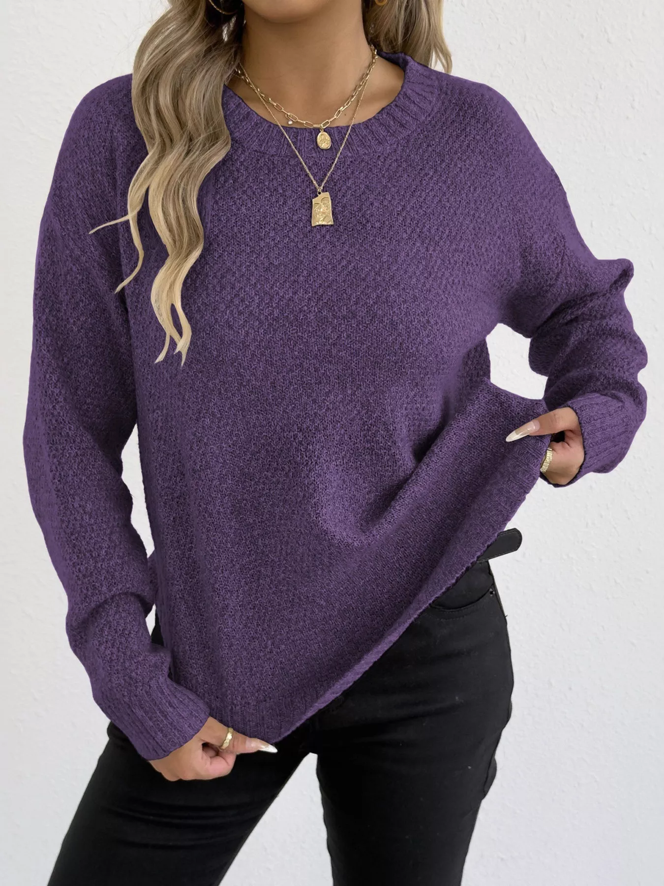 Textured Knit Relaxed Fit Round Neck Sweater - Image 26