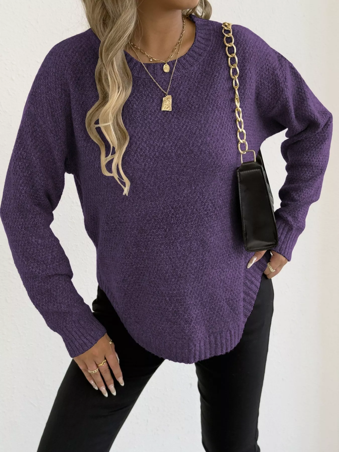 Textured Knit Relaxed Fit Round Neck Sweater - Image 27