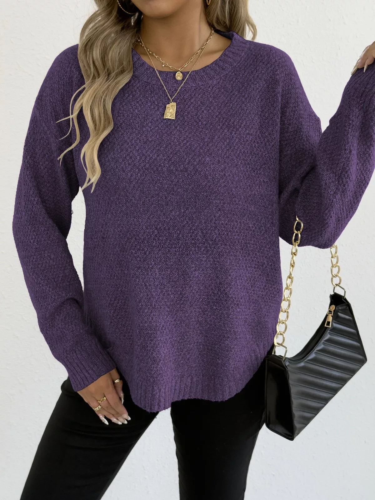 Textured Knit Relaxed Fit Round Neck Sweater - Image 28