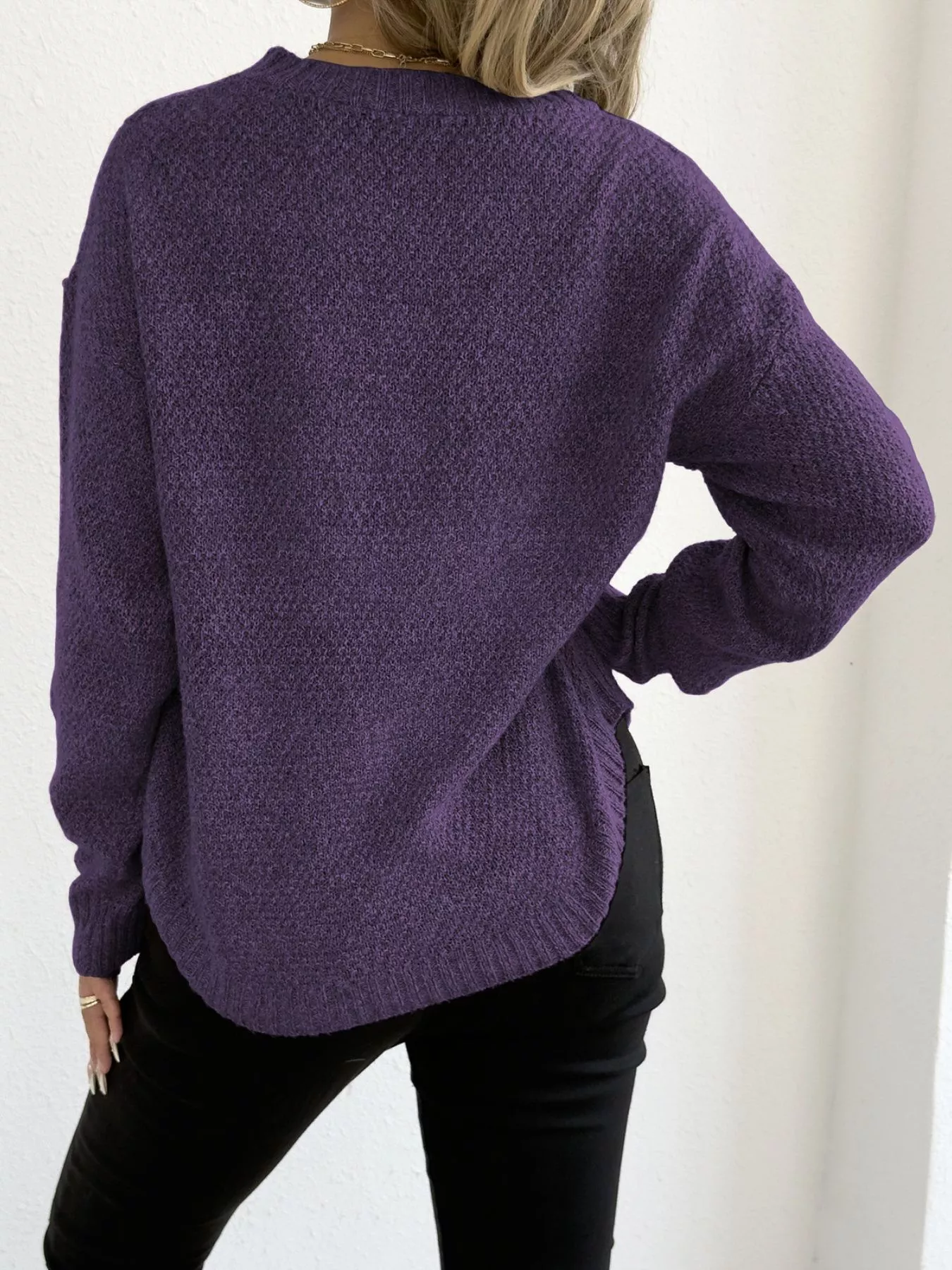 Textured Knit Relaxed Fit Round Neck Sweater - Image 30