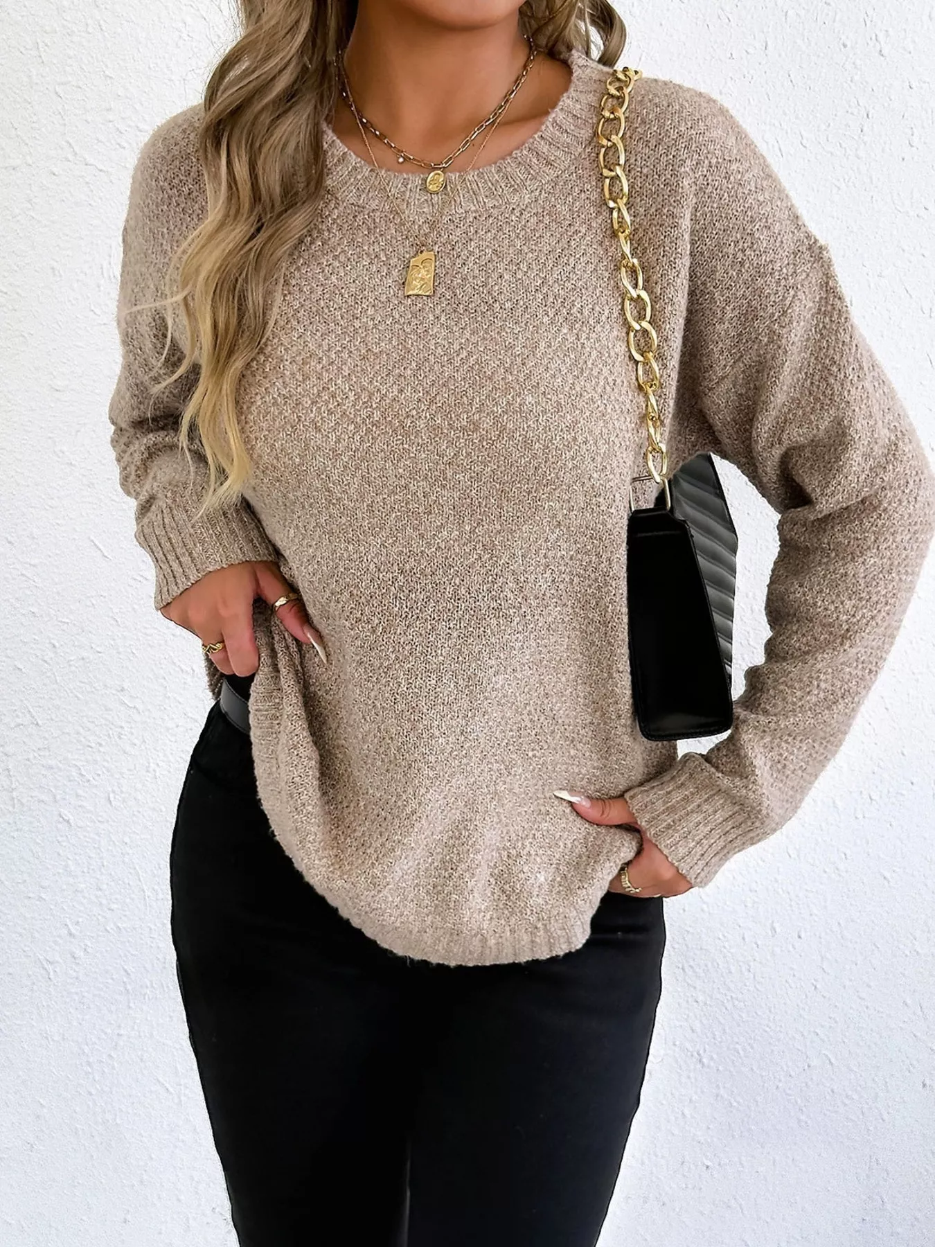 Textured Knit Relaxed Fit Round Neck Sweater - Image 4