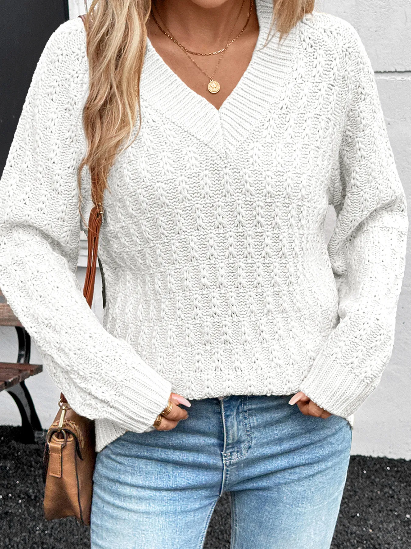 Textured Knit Ribbed Edge V Neck Loose Sweater - Image 2