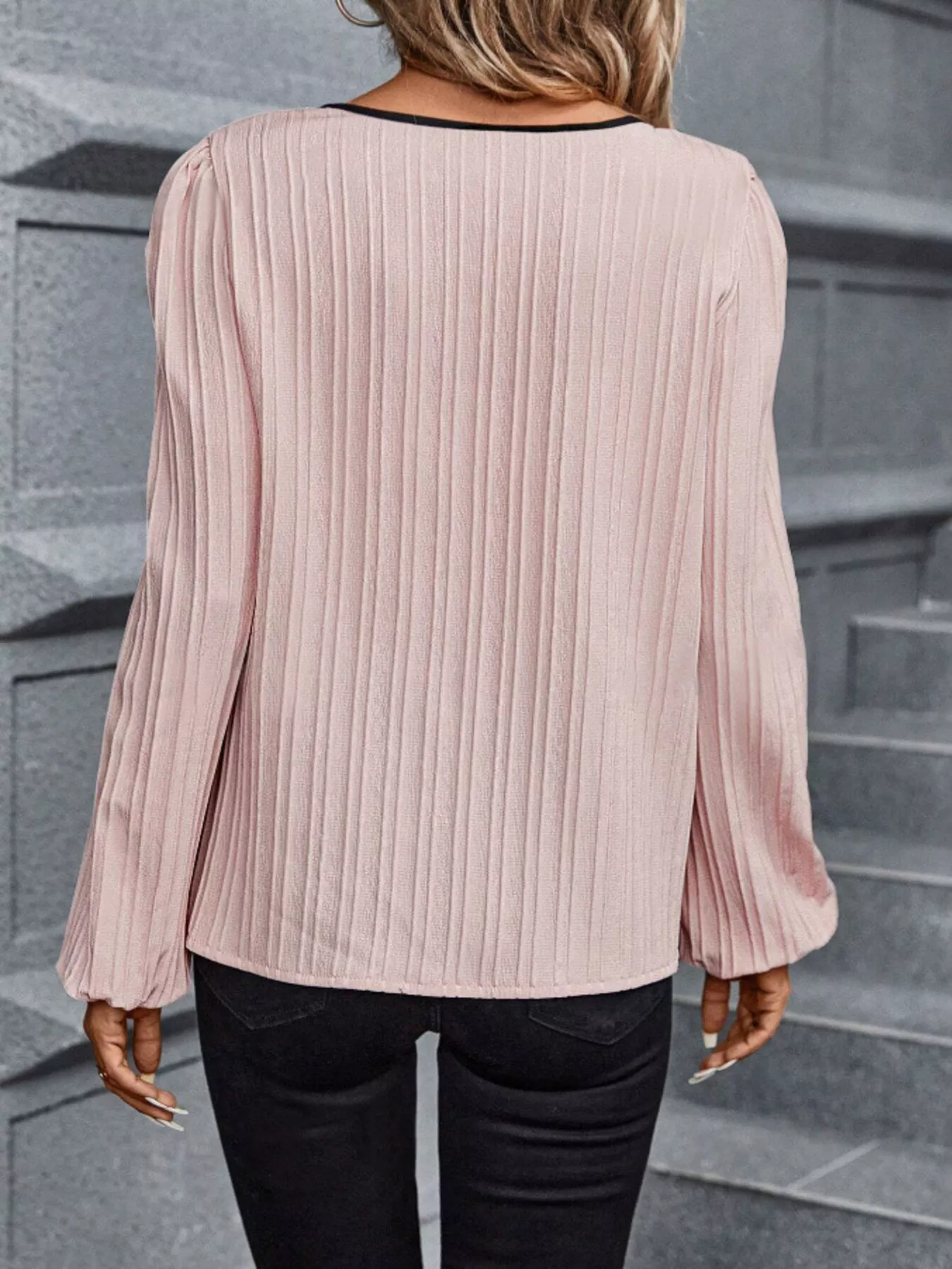 Textured Notched Long Sleeve Blouse - Image 2