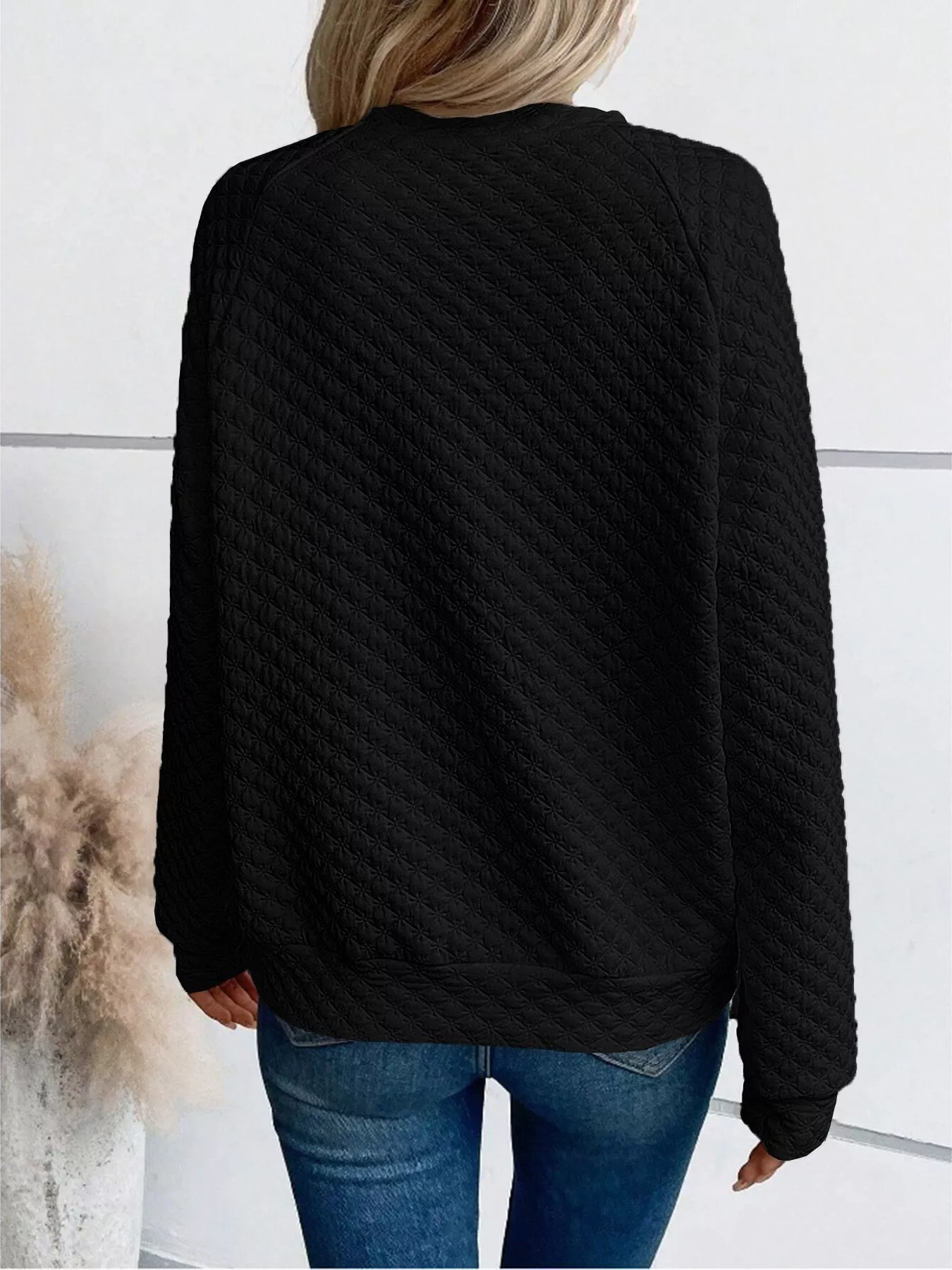 Textured Notched Raglan Sleeve Sweatshirt - Image 3