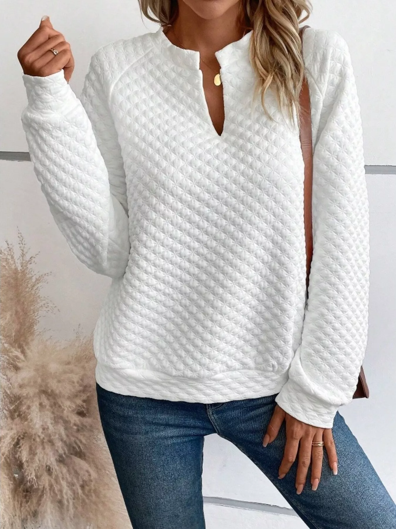 Textured Notched Raglan Sleeve Sweatshirt