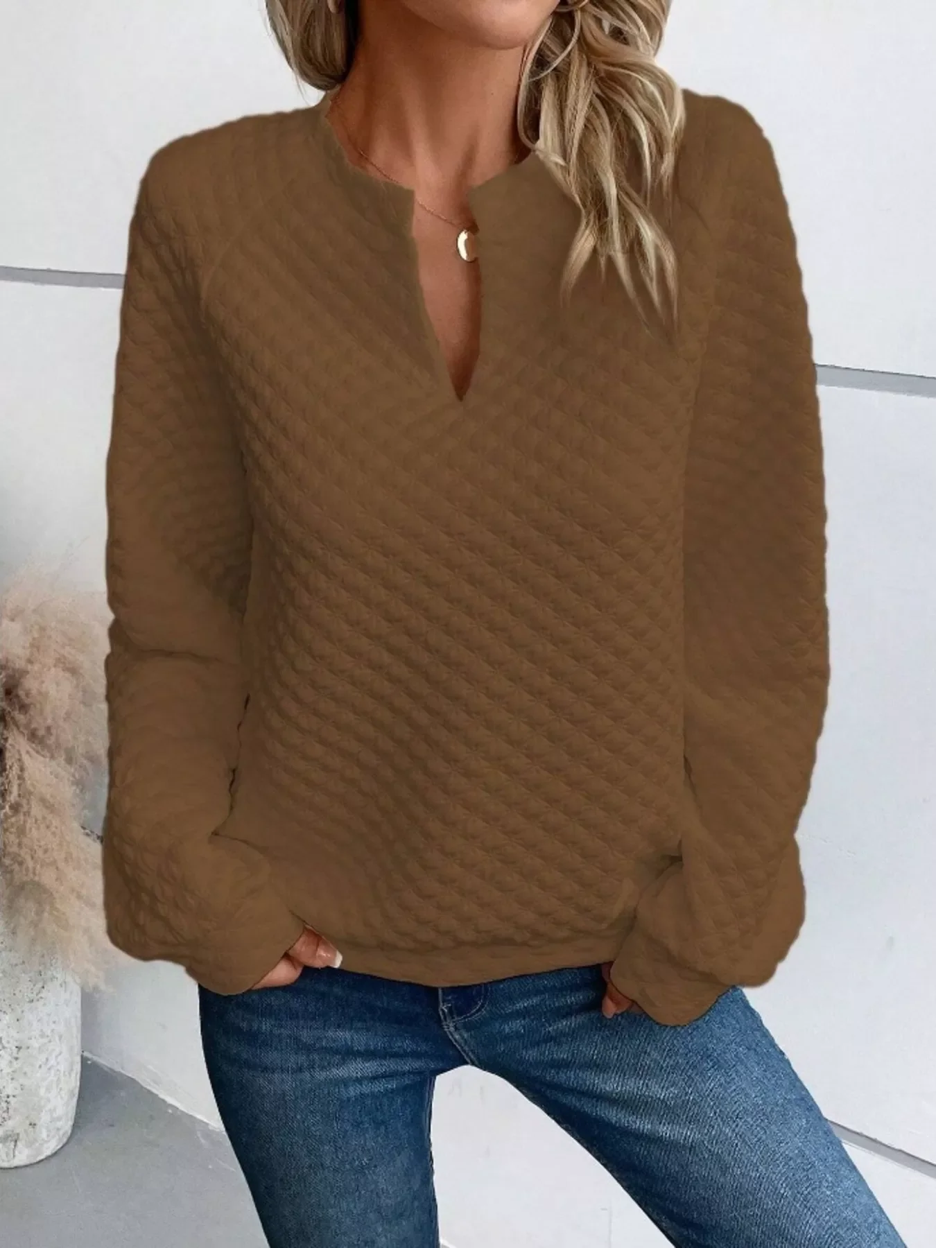 Textured Notched Raglan Sleeve Sweatshirt - Image 7