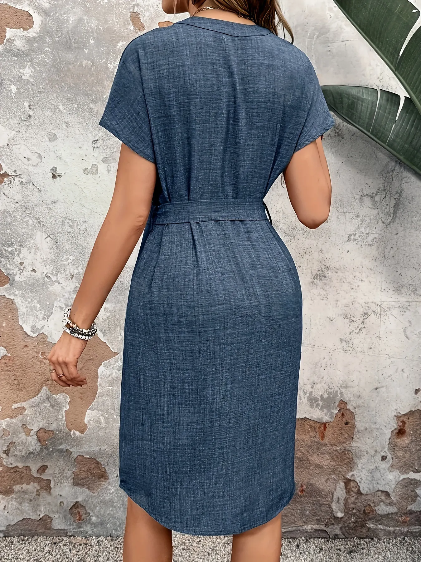 Textured Notched Tie-Waist Dress - Image 9