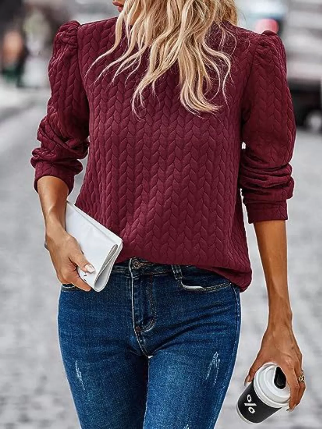 Textured Round Neck Long Sleeve Blouse - Image 16