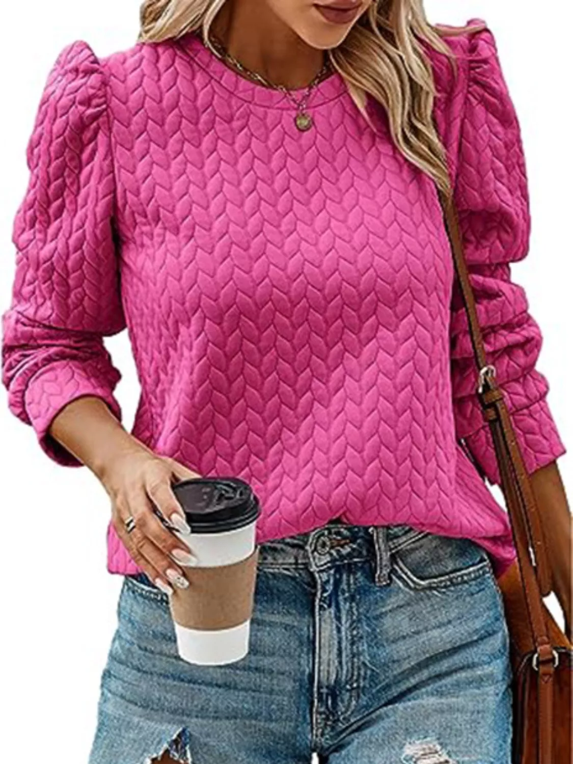 Textured Round Neck Long Sleeve Blouse - Image 2
