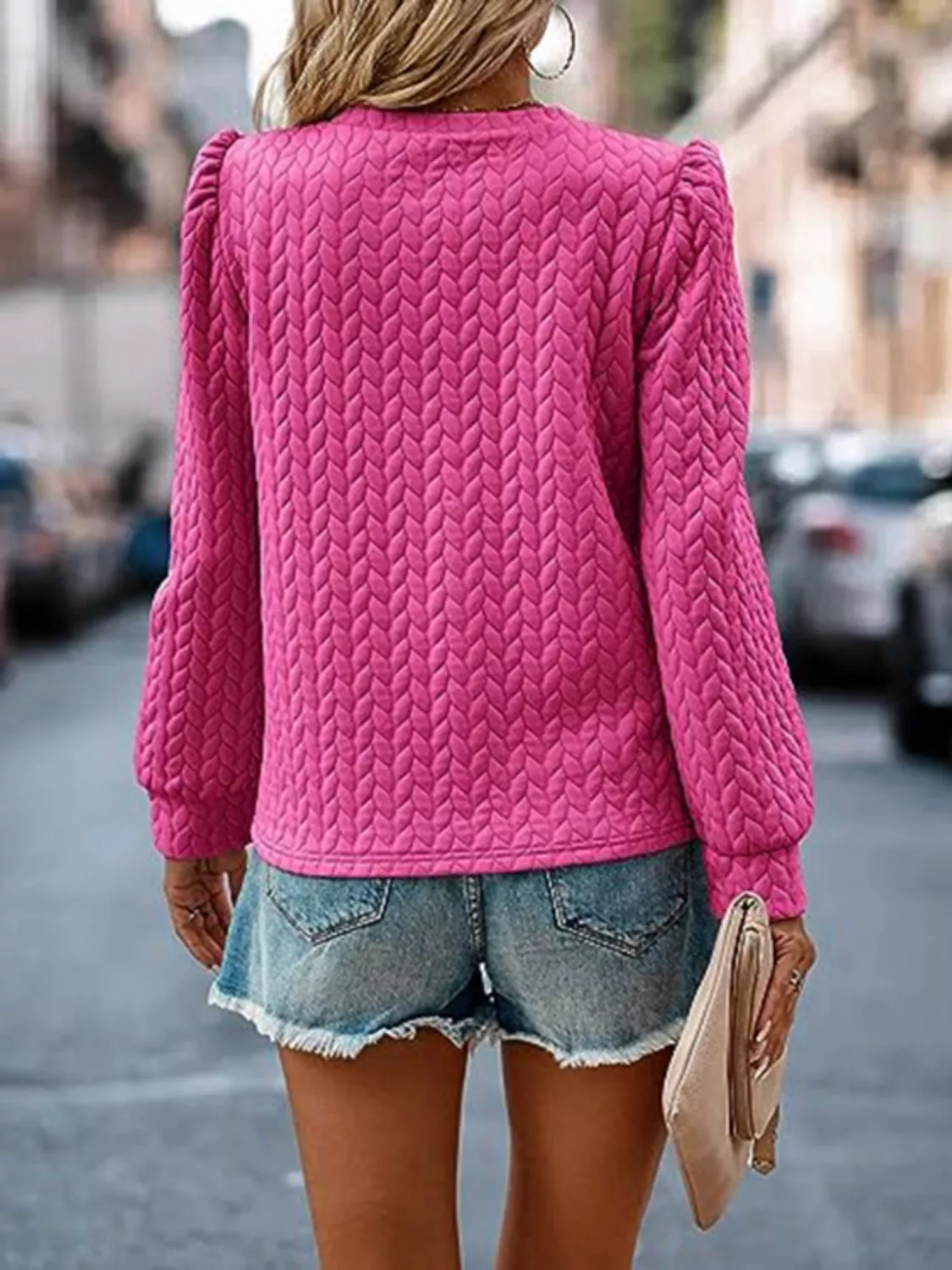Textured Round Neck Long Sleeve Blouse - Image 5