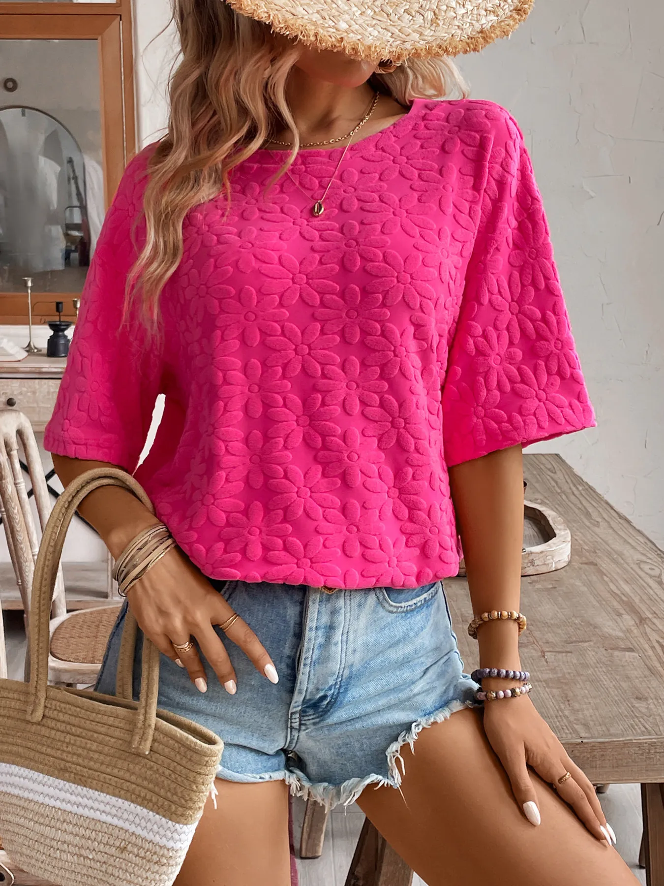 Textured Round Neck Oversized T-Shirt - Image 5