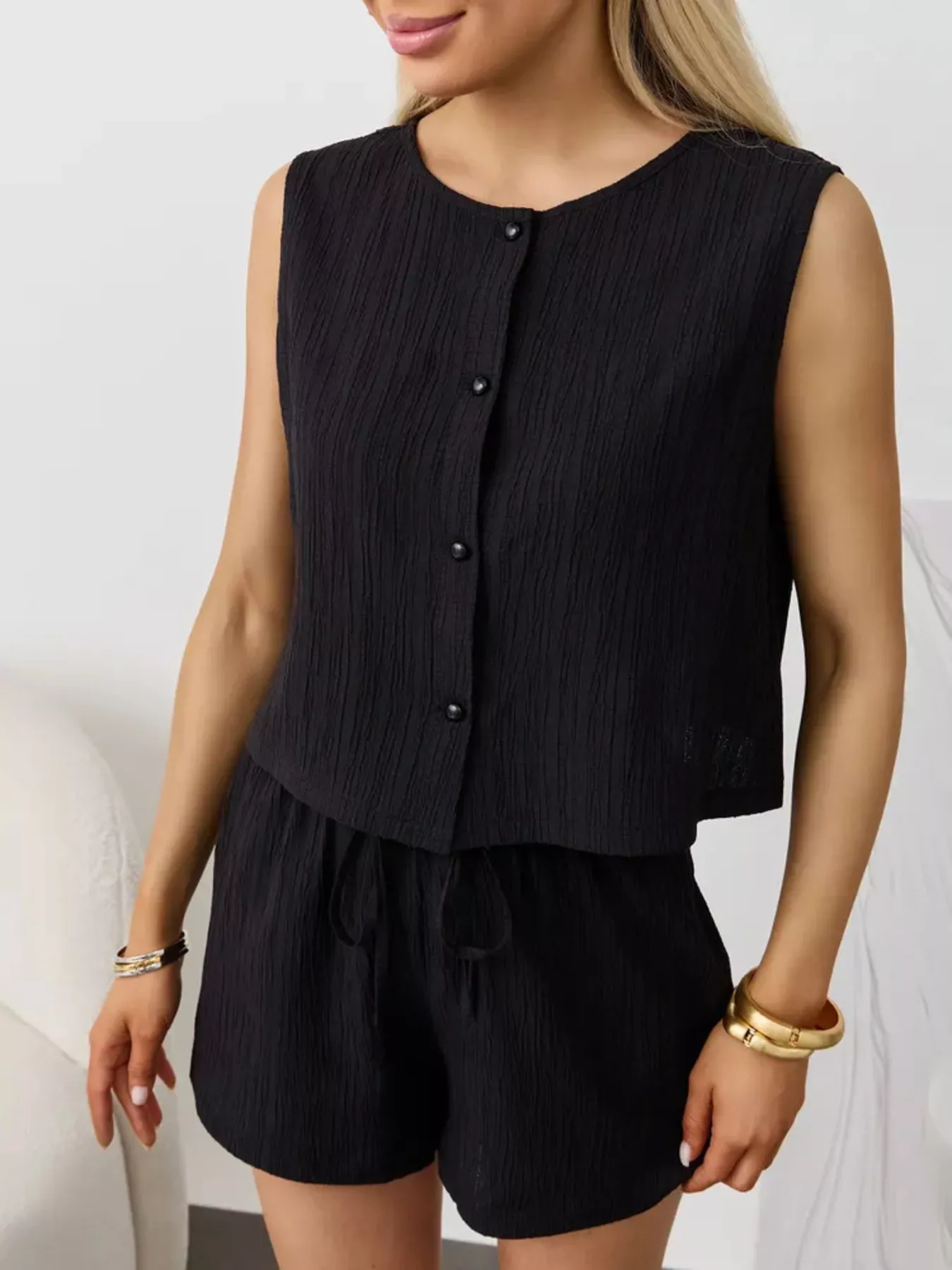 Textured Round Neck Tank and Shorts Set - Image 10