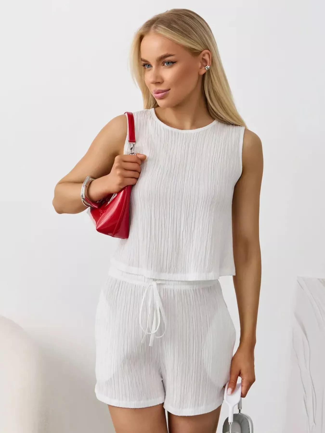 Textured Round Neck Tank and Shorts Set - Image 2