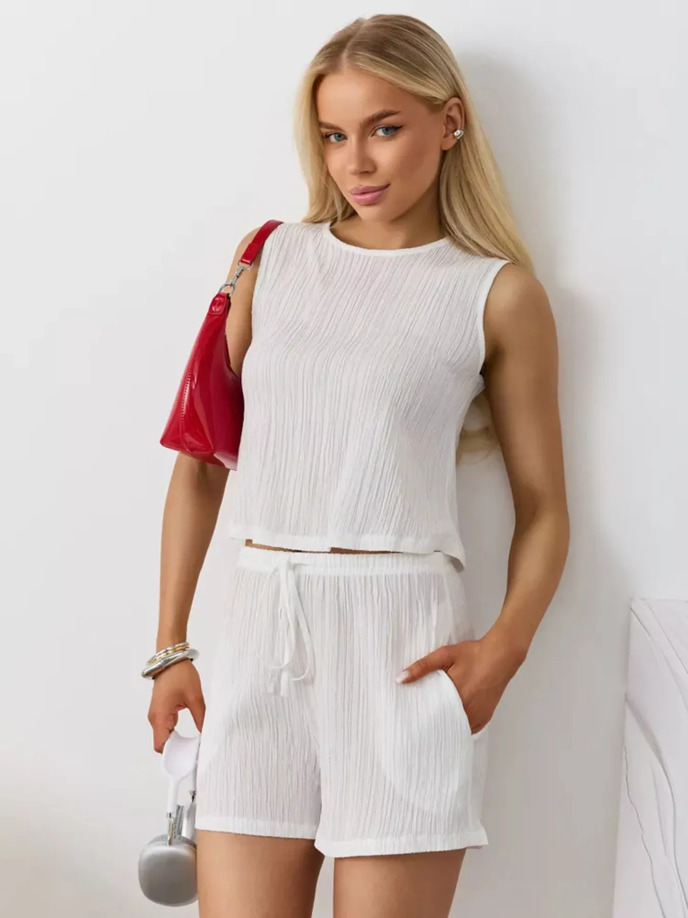 Textured Round Neck Tank and Shorts Set - Image 6