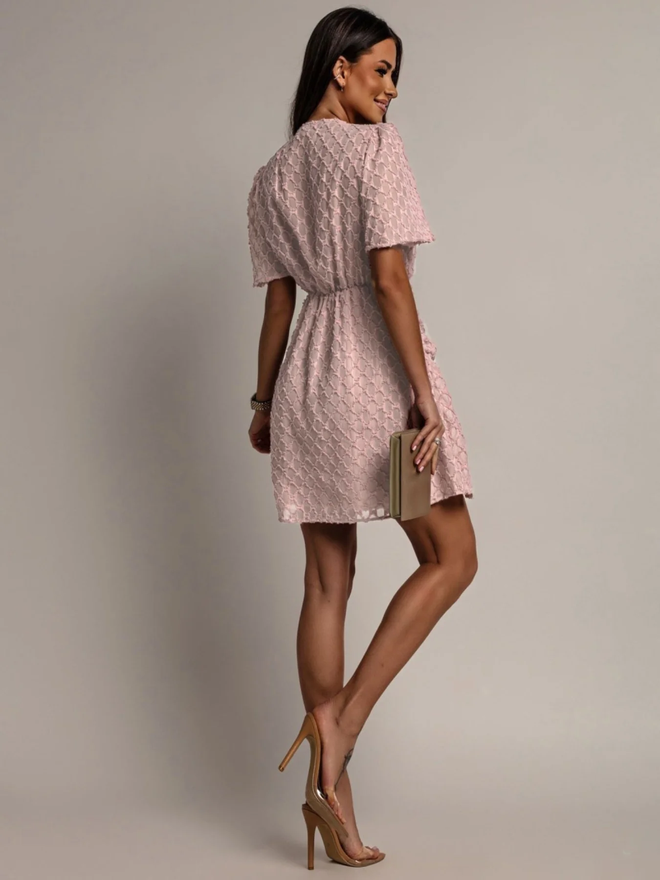 Textured Ruched Surplice Short Sleeve Dress - Image 10