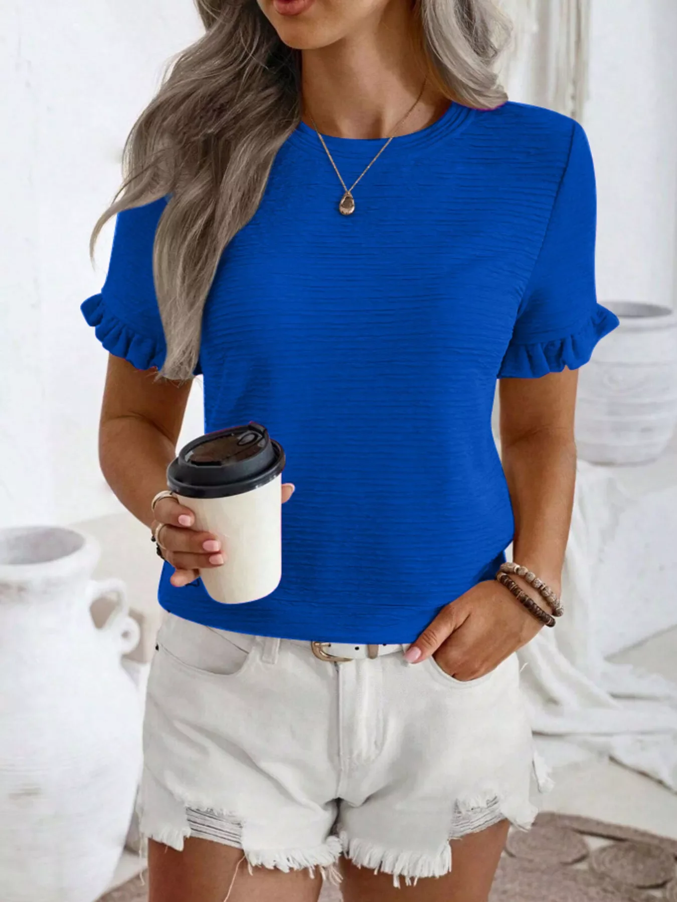 Textured Ruffle Sleeve Round Neck T-Shirt - Image 11