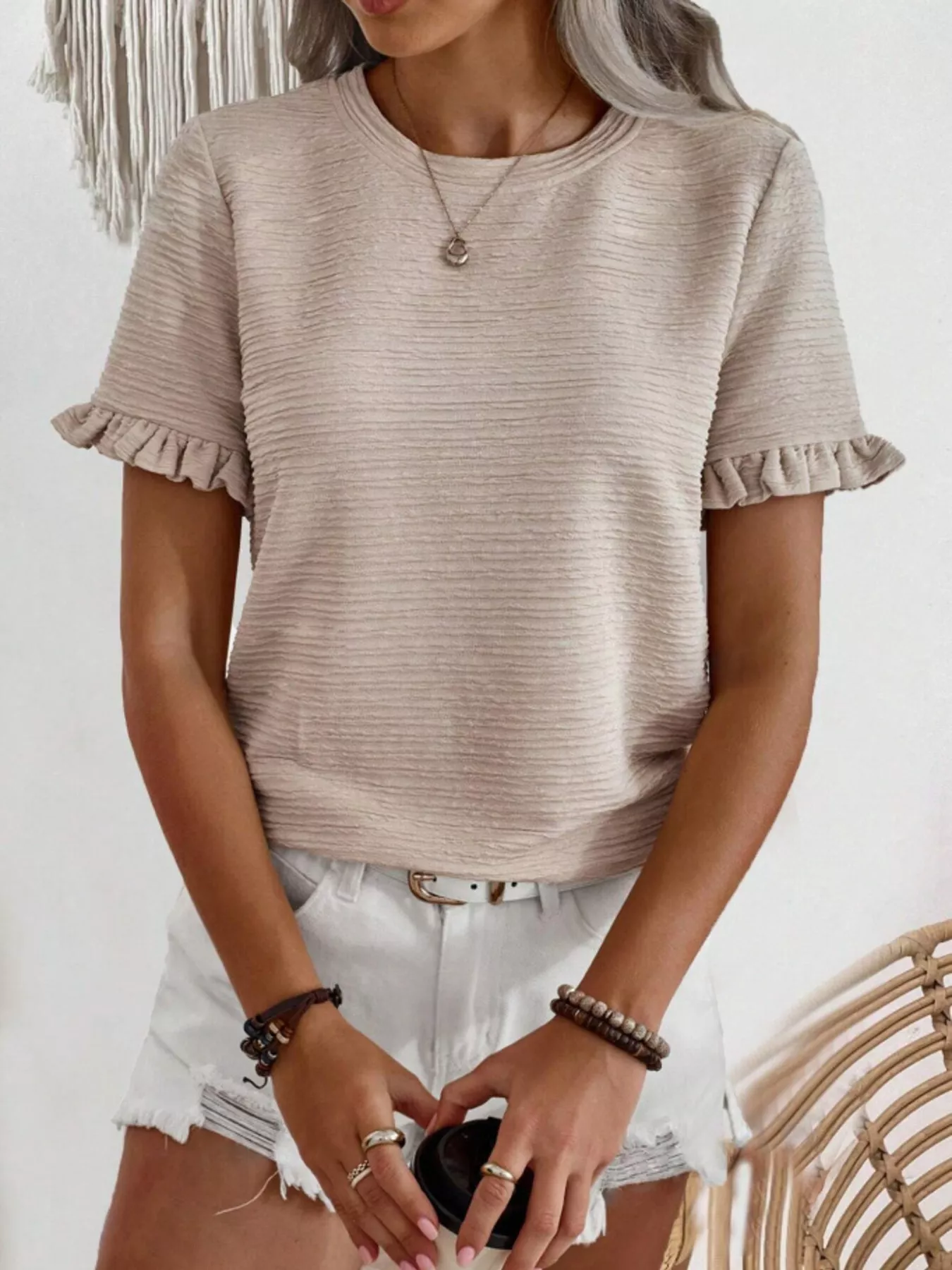 Textured Ruffle Sleeve Round Neck T-Shirt - Image 16