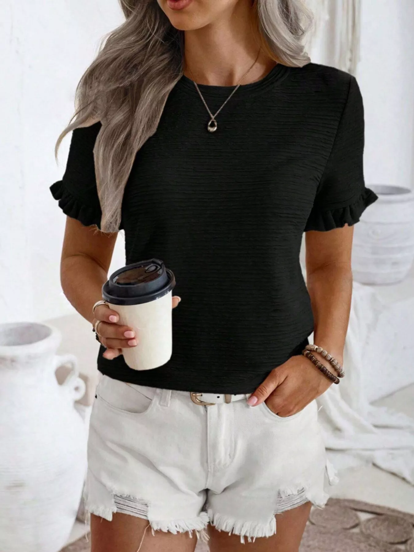 Textured Ruffle Sleeve Round Neck T-Shirt - Image 23