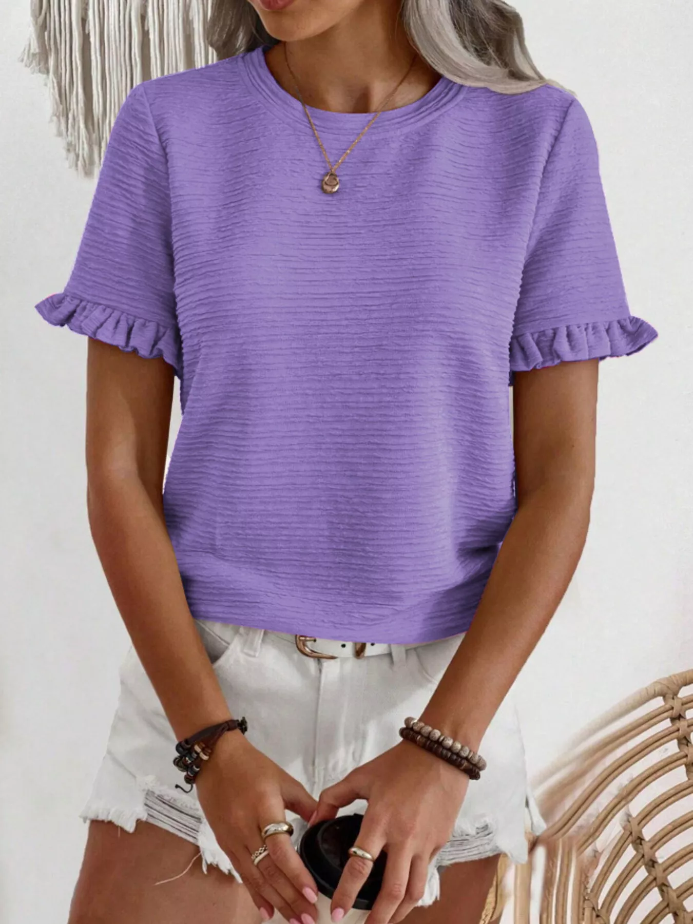 Textured Ruffle Sleeve Round Neck T-Shirt - Image 7